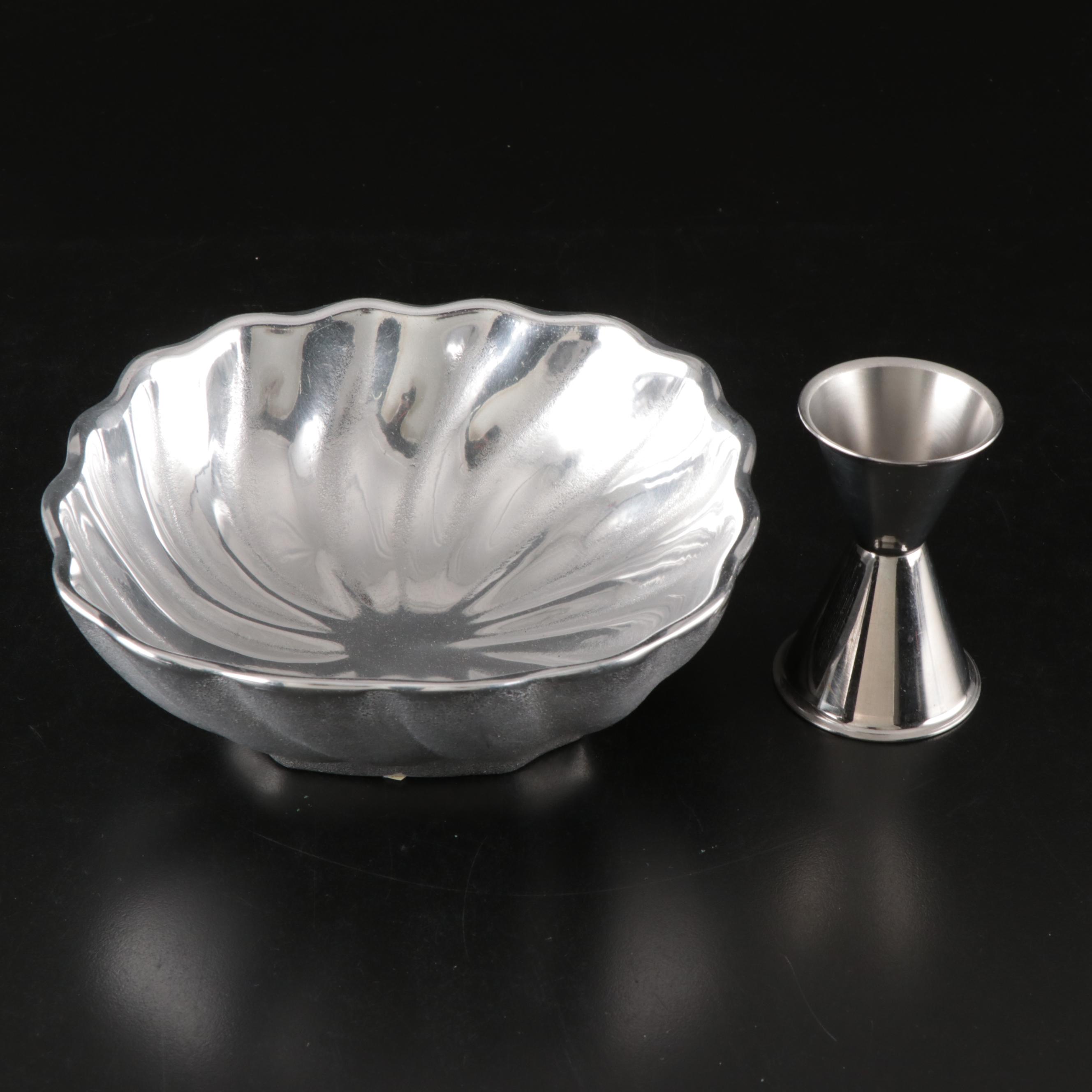 Wilton Armetale Stainless Steel Tray and Bowl with Other Metal and Glass Barware