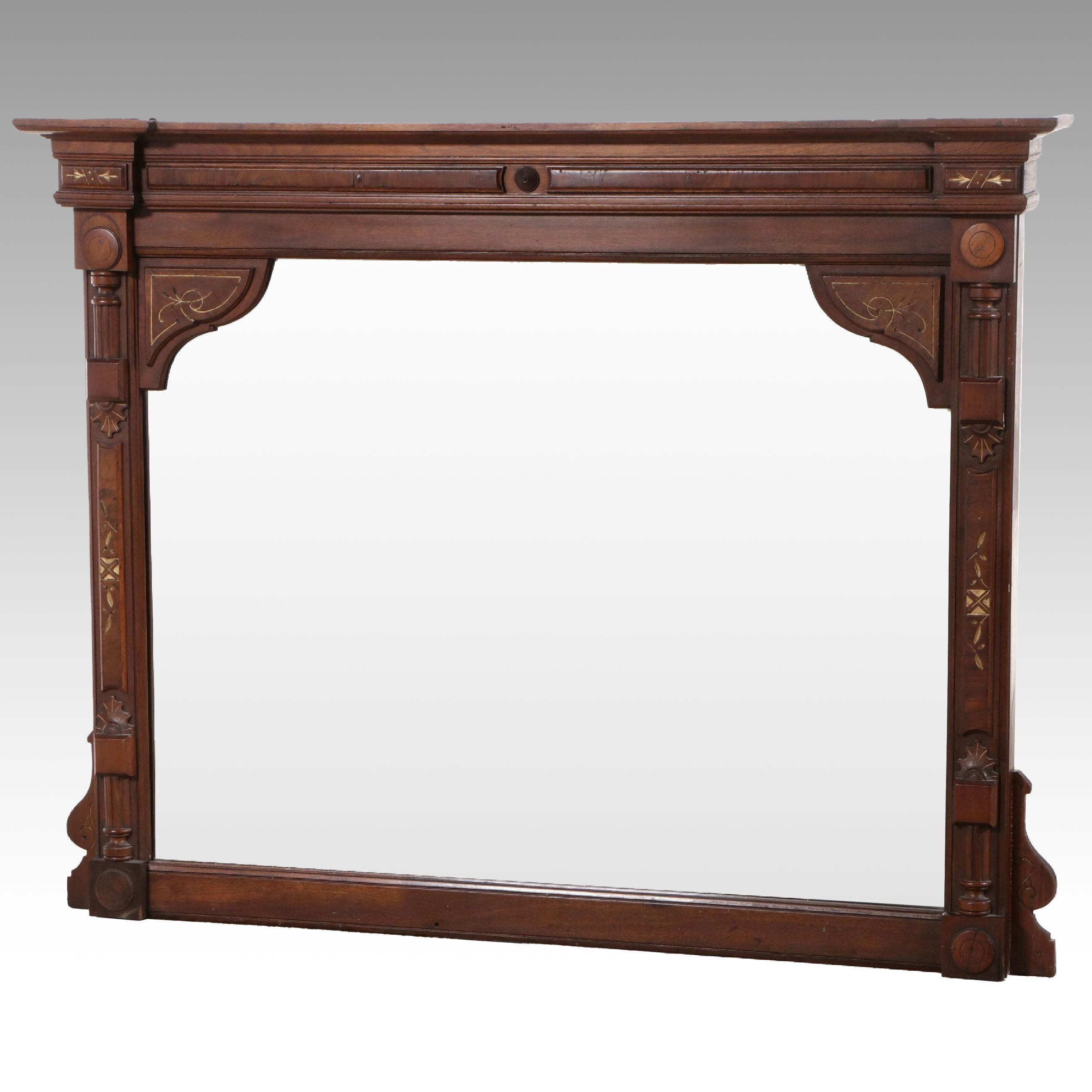 Eastlake Style Carved and Incised Walnut Overmantel Mirror