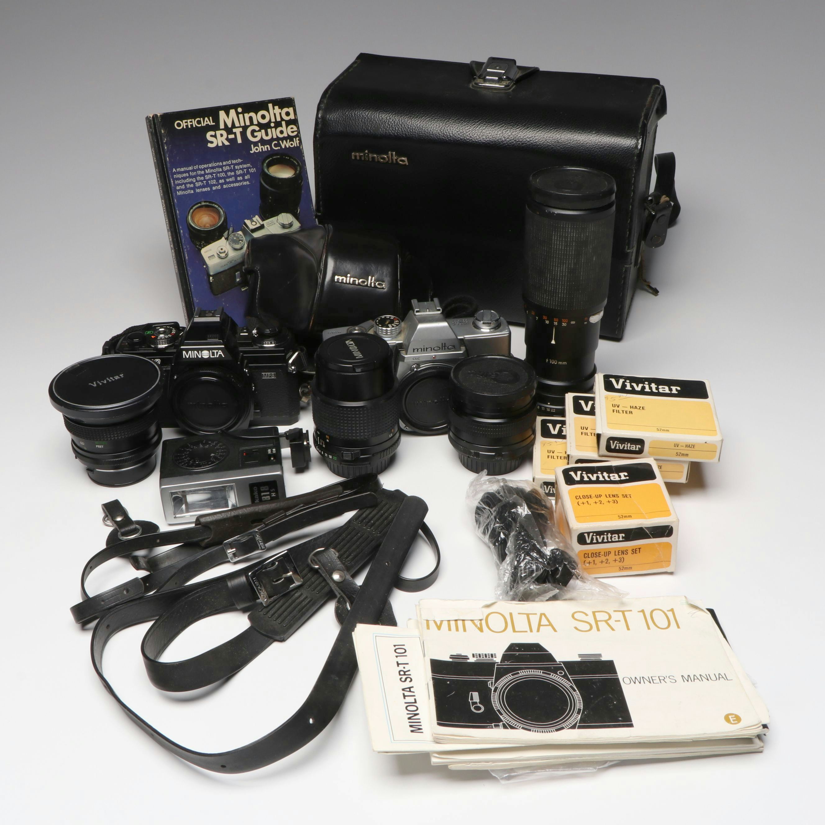 Minolta SRT 101 and X-700 with Camera Parts and Accessories, Late 20th C.