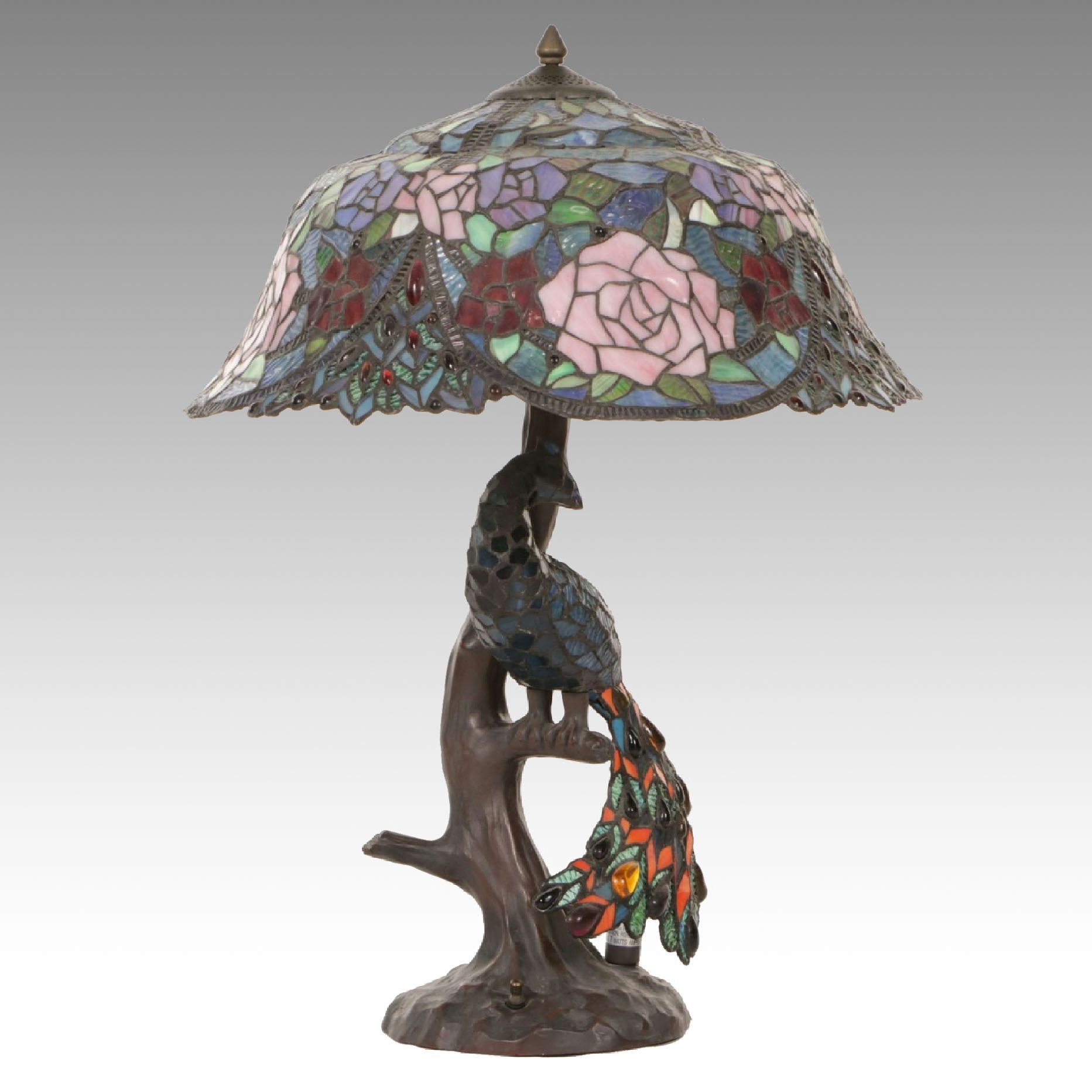 Art Nouveau Style Faux Bois Table Lamp with Peacock and Slag Glass Shade