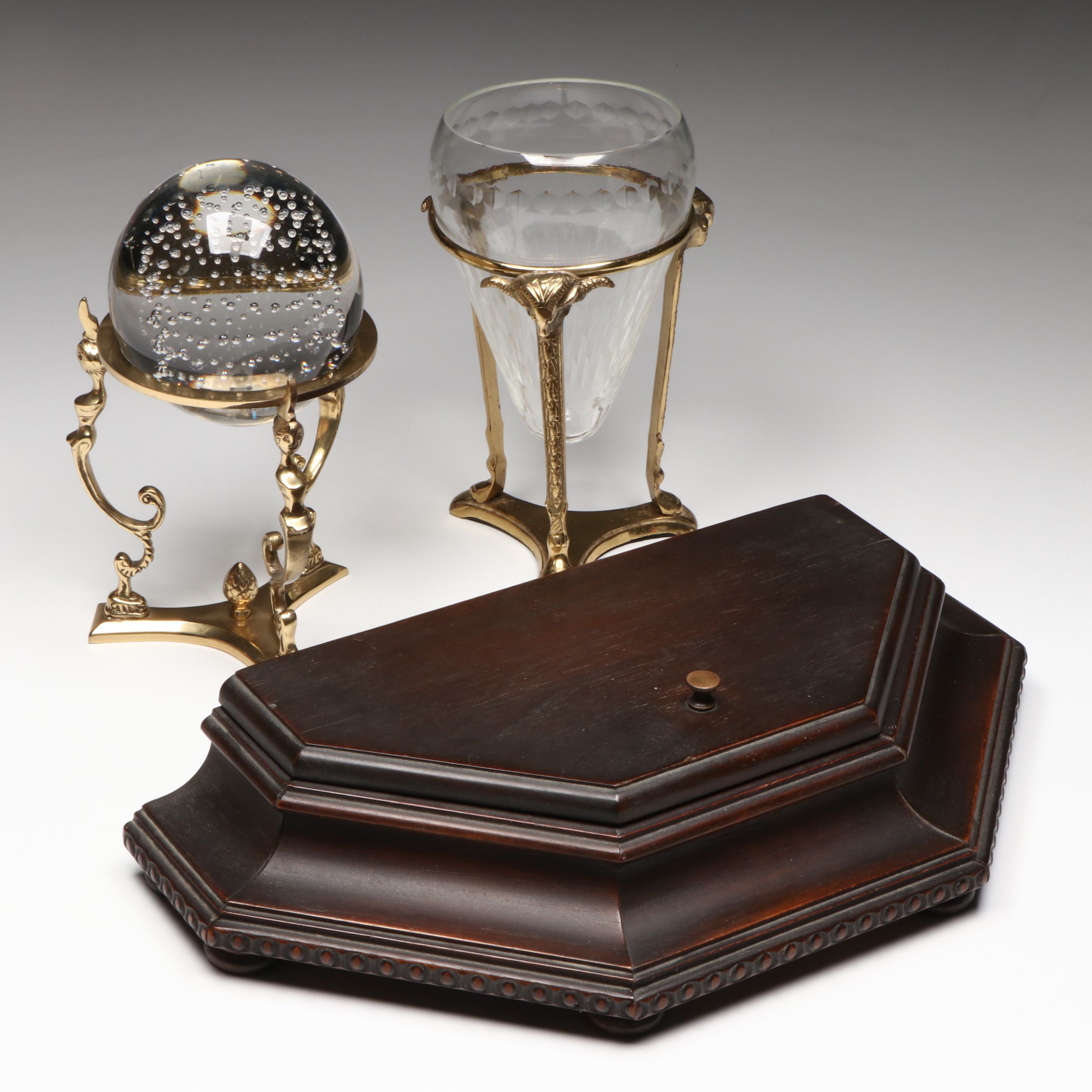 Wooden Hexagon Lidded Box with Glass and Metal Desk Décor