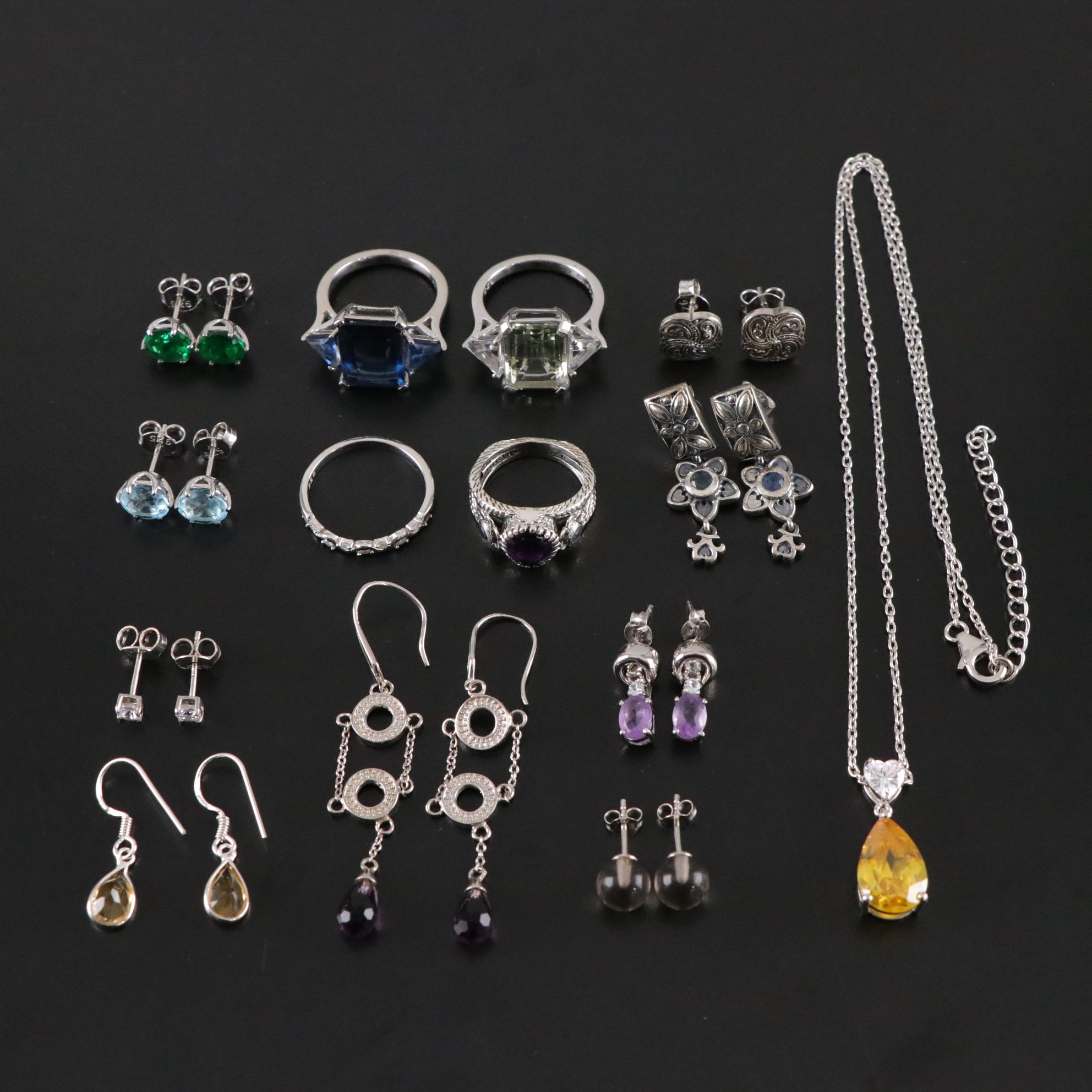 14 Assorted Sterling Silver Rings, Necklace and Earrings