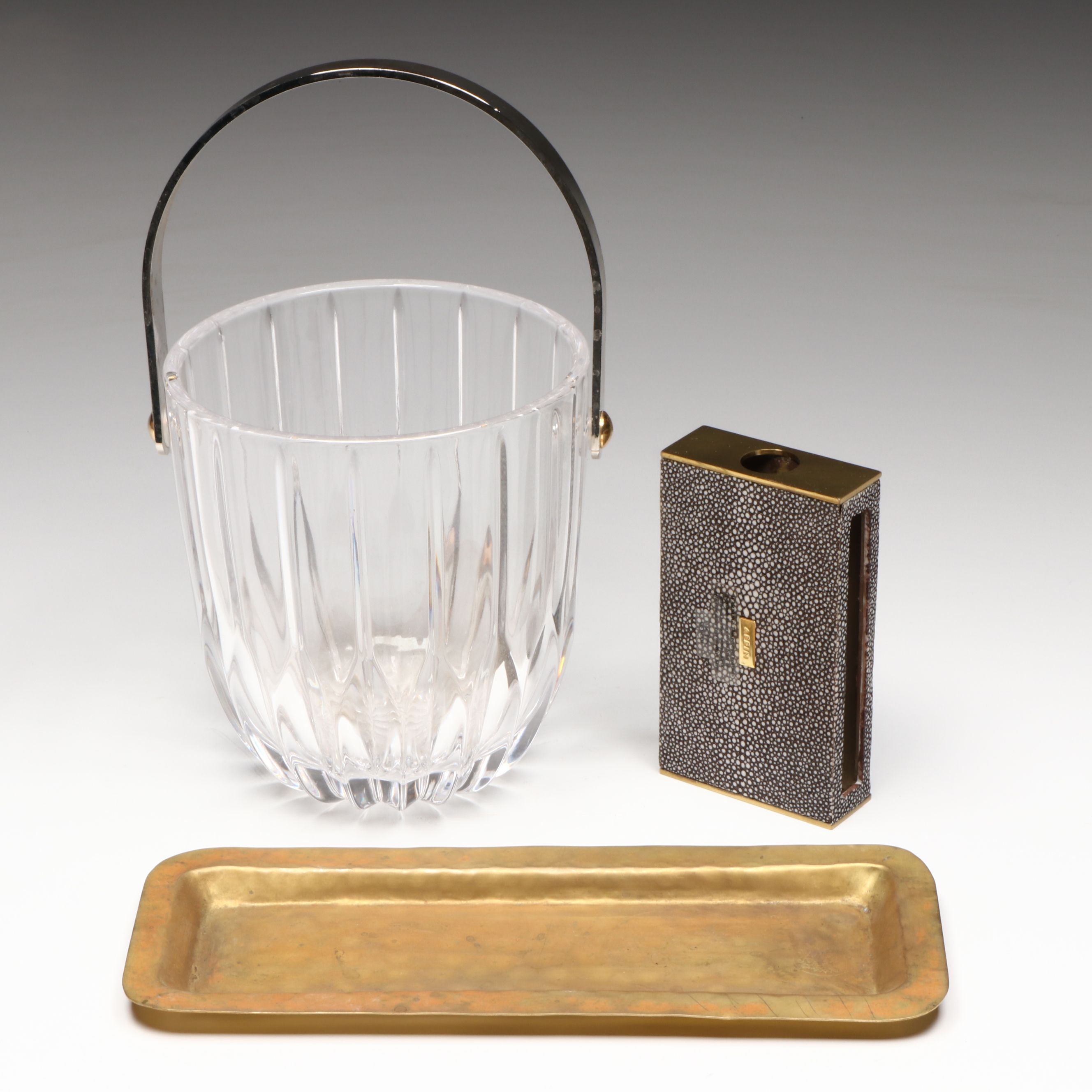 Hollywood Regency Style Crystal Ice Bucket with Brass Tray and Matchbox Holder