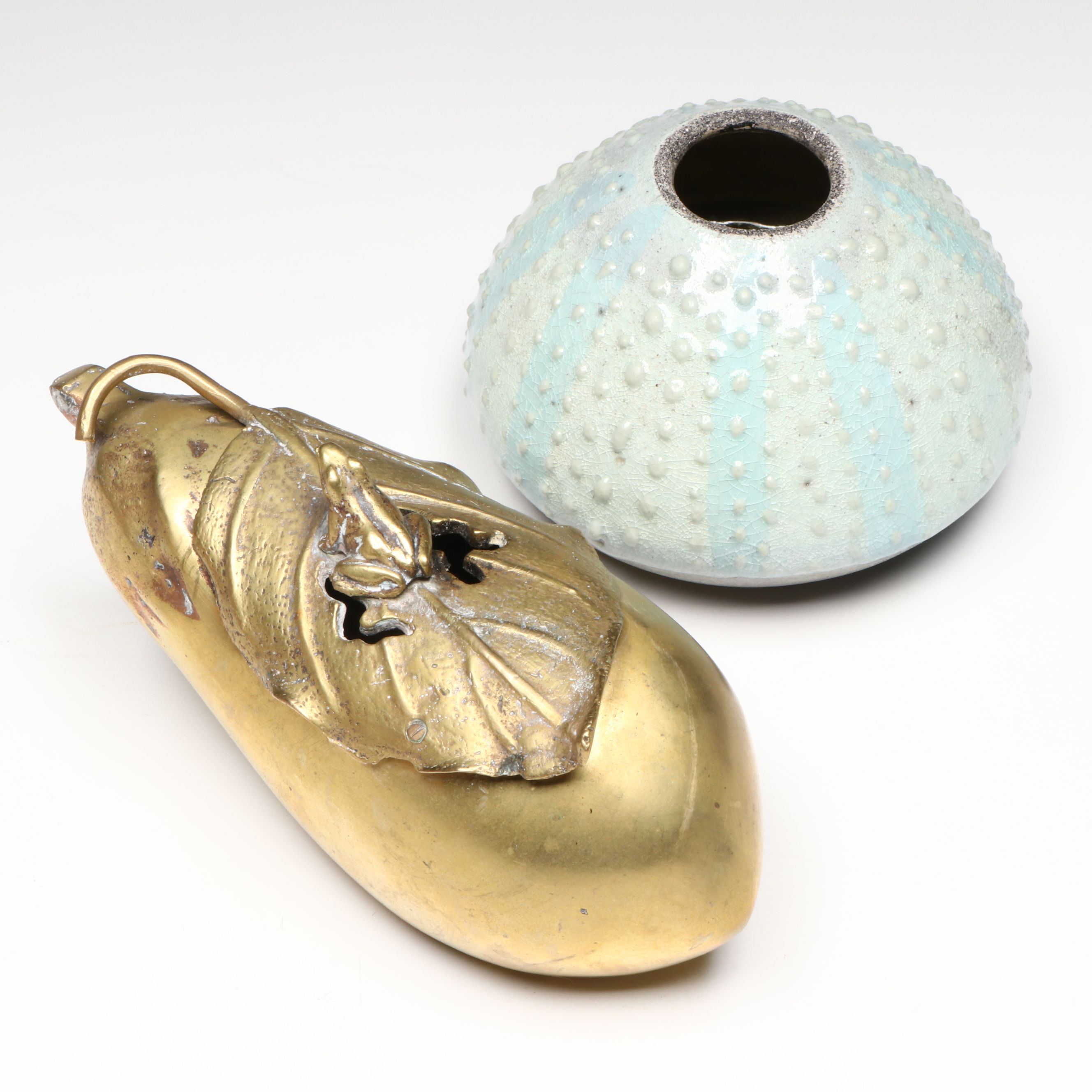 Vintage Brass Frog on Eggplant Censer with Bora Bora Ceramic Pot
