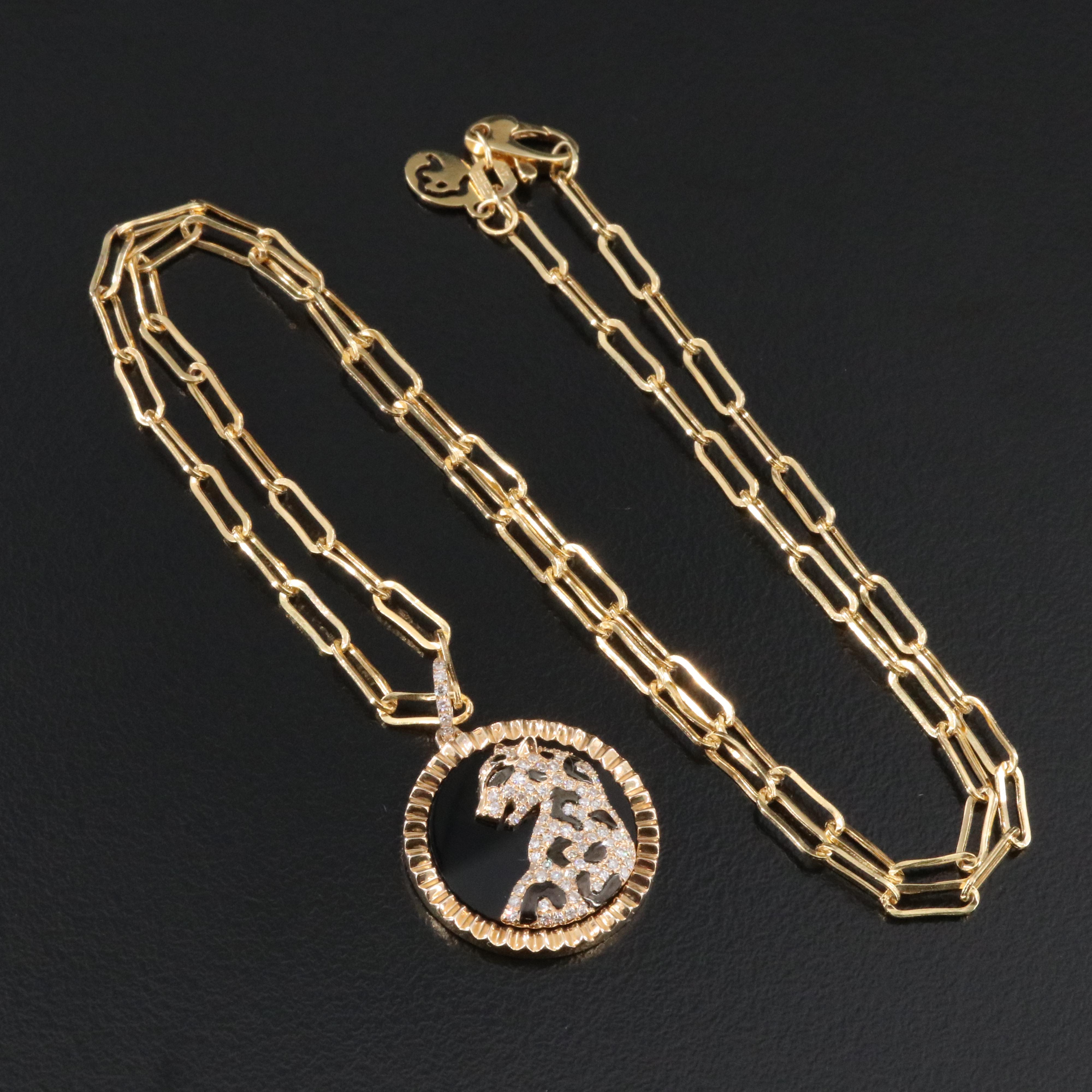 EFFY 14K Black Onyx, Diamond and Enamel Jaguar Pendant on Paper Clip Necklace