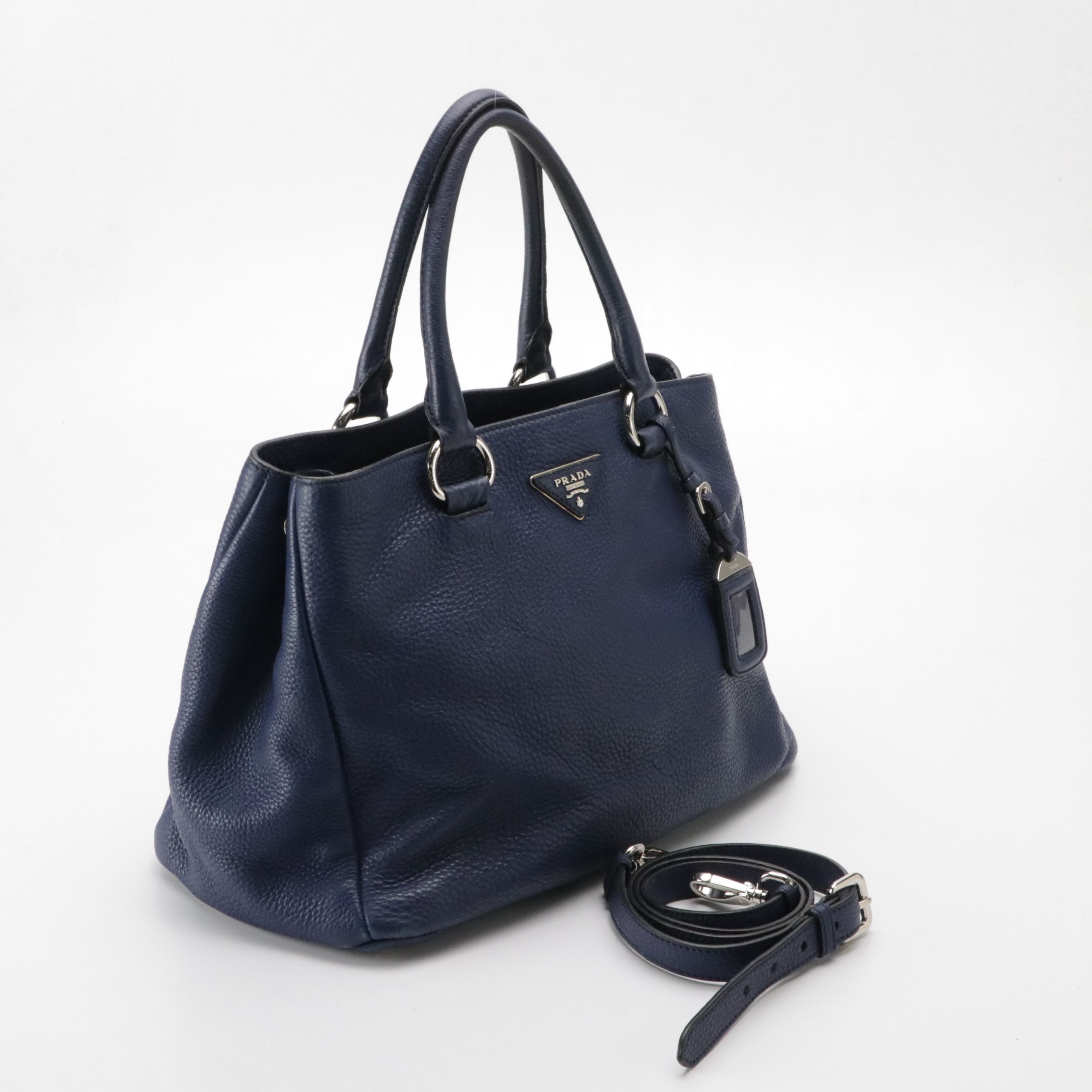 Prada Two-Way Tote in Blue Grained Leather