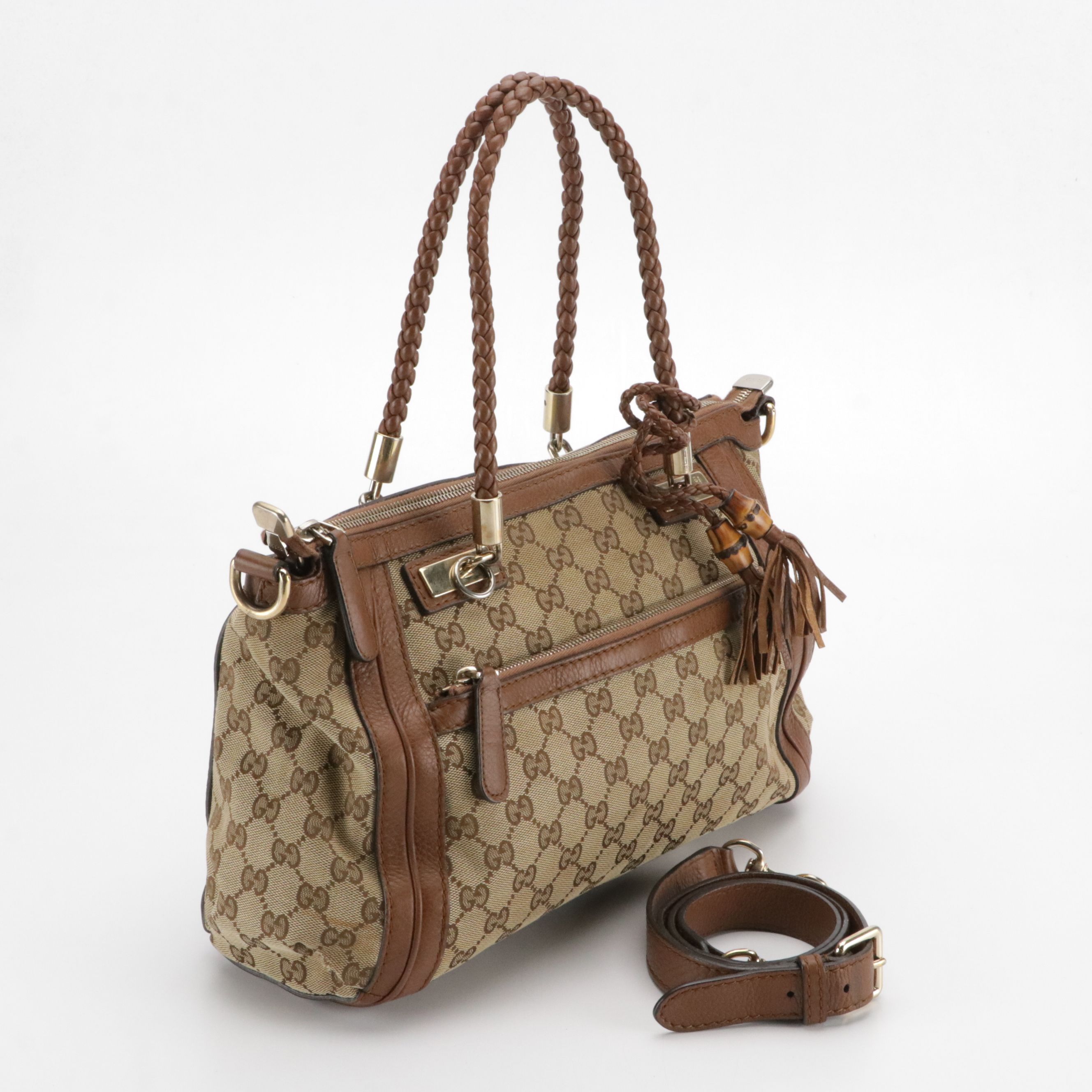 Gucci Bella Braided Strap Two-Way Tote in GG Canvas and Brown Leather