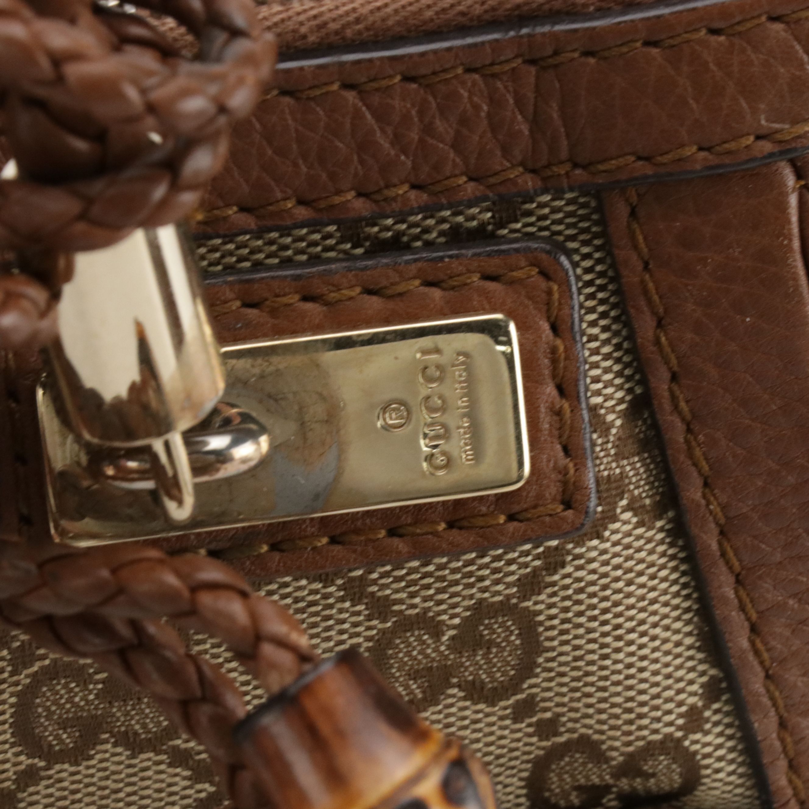 Gucci Bella Braided Strap Two-Way Tote in GG Canvas and Brown Leather