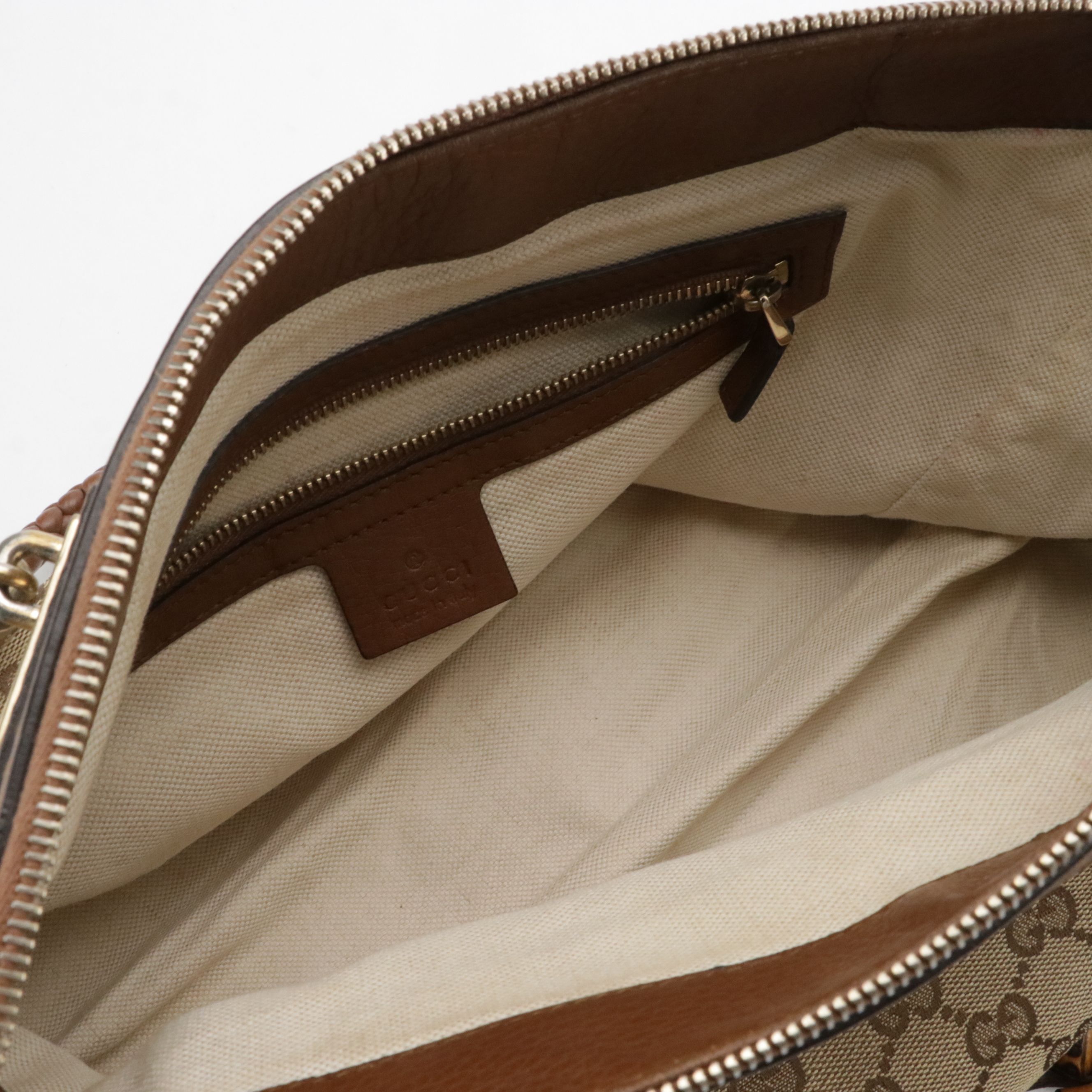 Gucci Bella Braided Strap Two-Way Tote in GG Canvas and Brown Leather