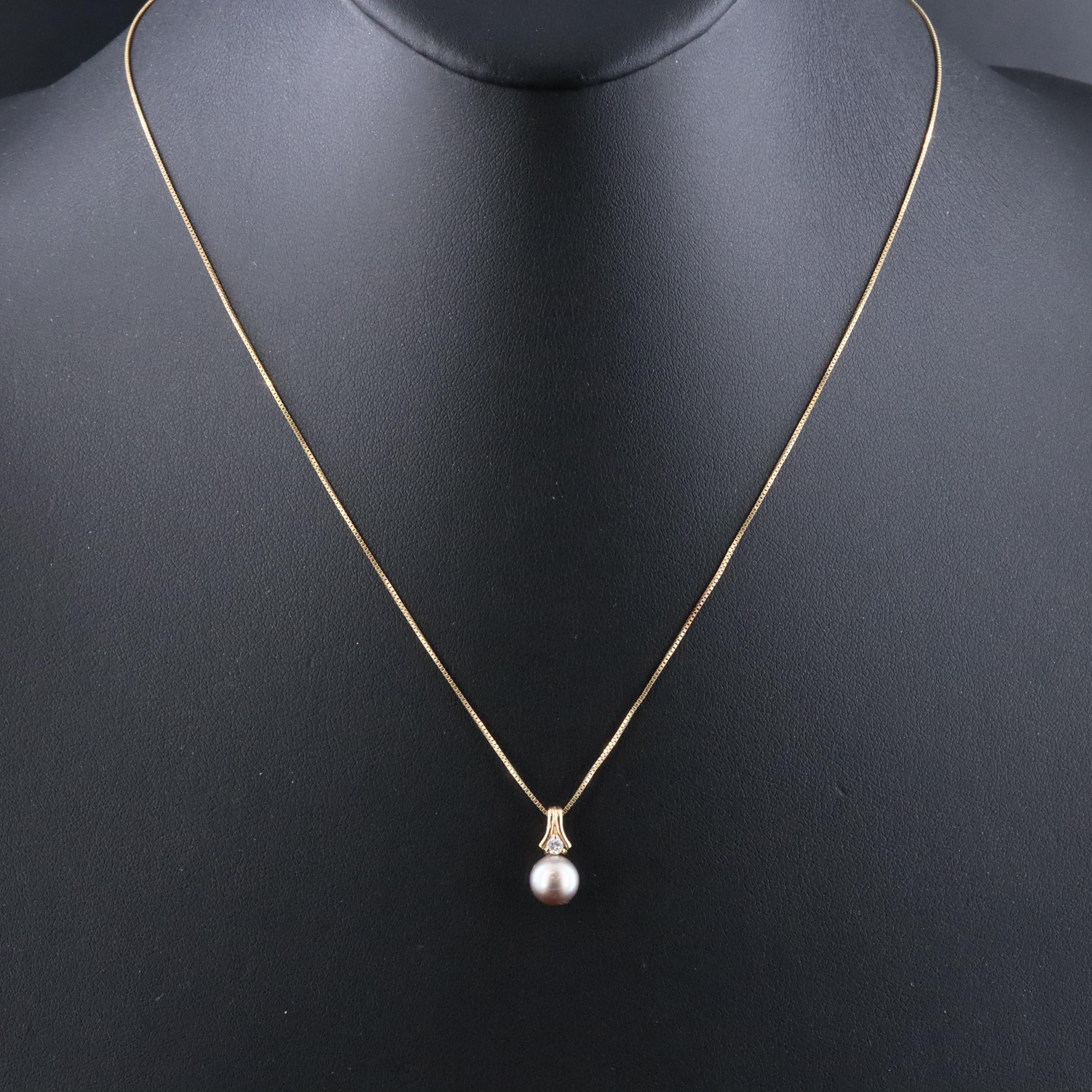 9K Pearl and Diamond Pendant with a 10K Box Chain Necklace