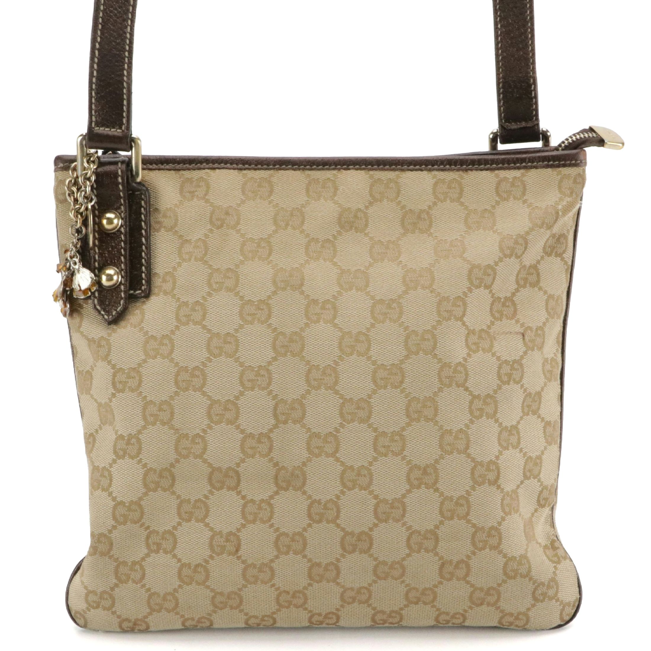 Gucci Jolicoeur Charm Crossbody Bag in GG Canvas and Bronze Leather