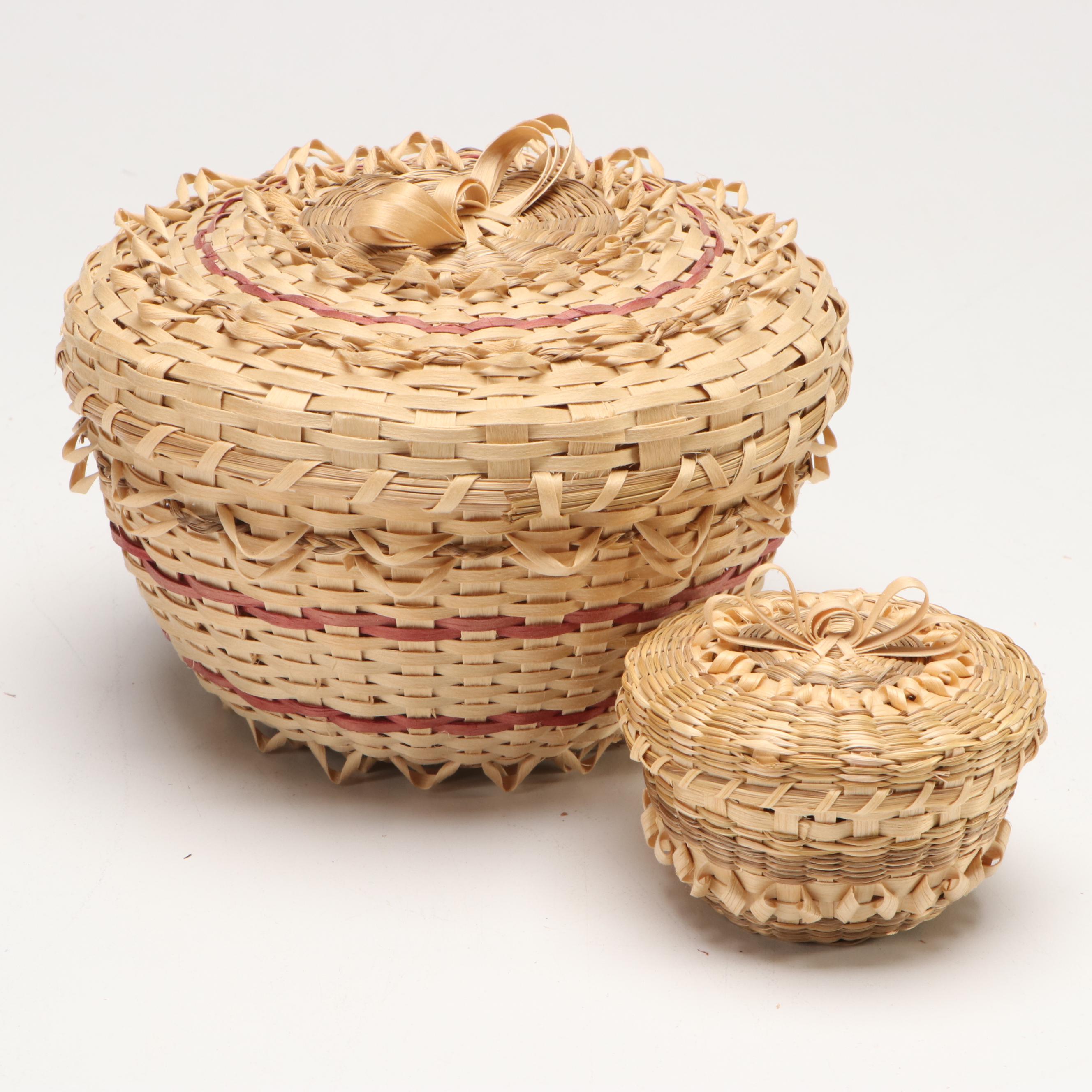 Denise Jock Mohawk Woven Black Ash and Sweetgrass Lidded Baskets