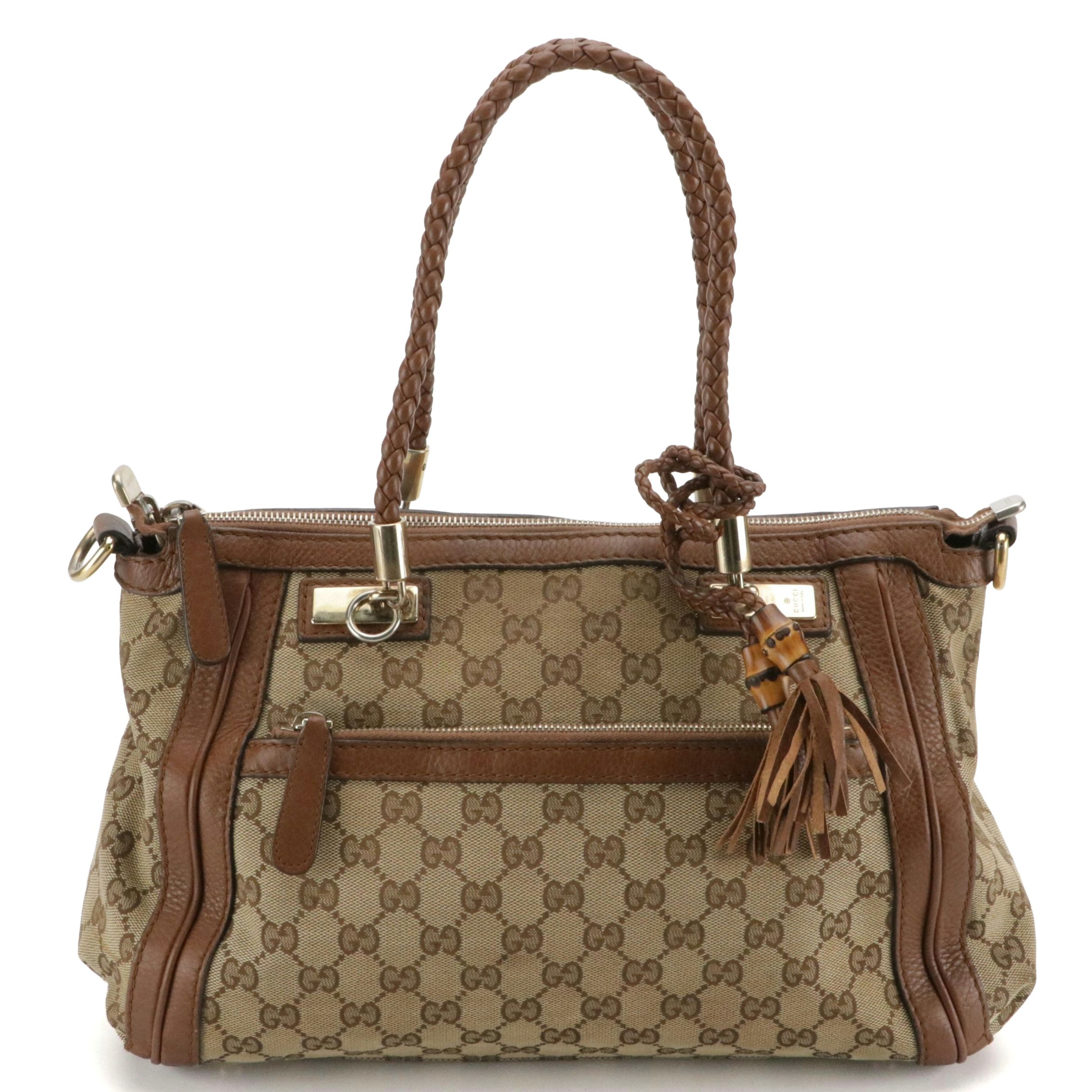 Gucci Bella Braided Strap Two-Way Tote in GG Canvas and Brown Leather