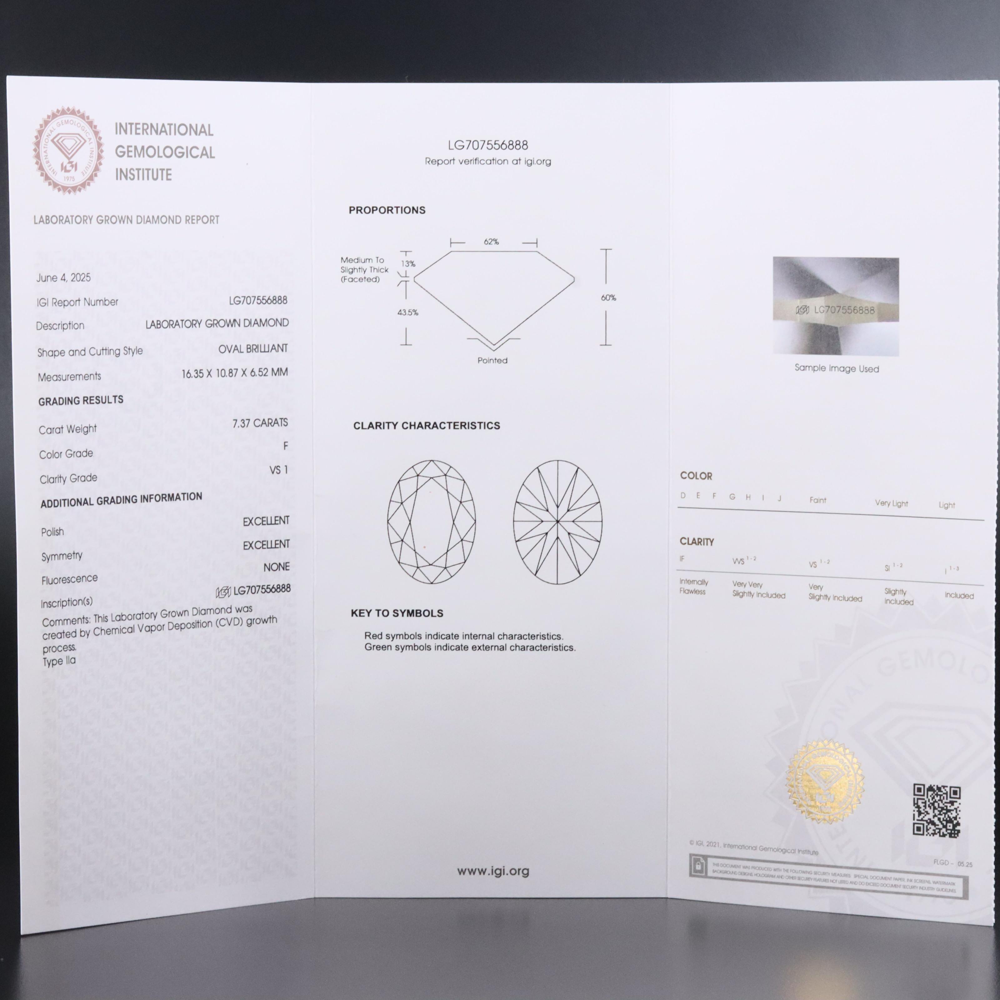 Loose 7.37 CT Lab Grown Diamond with IGI Report