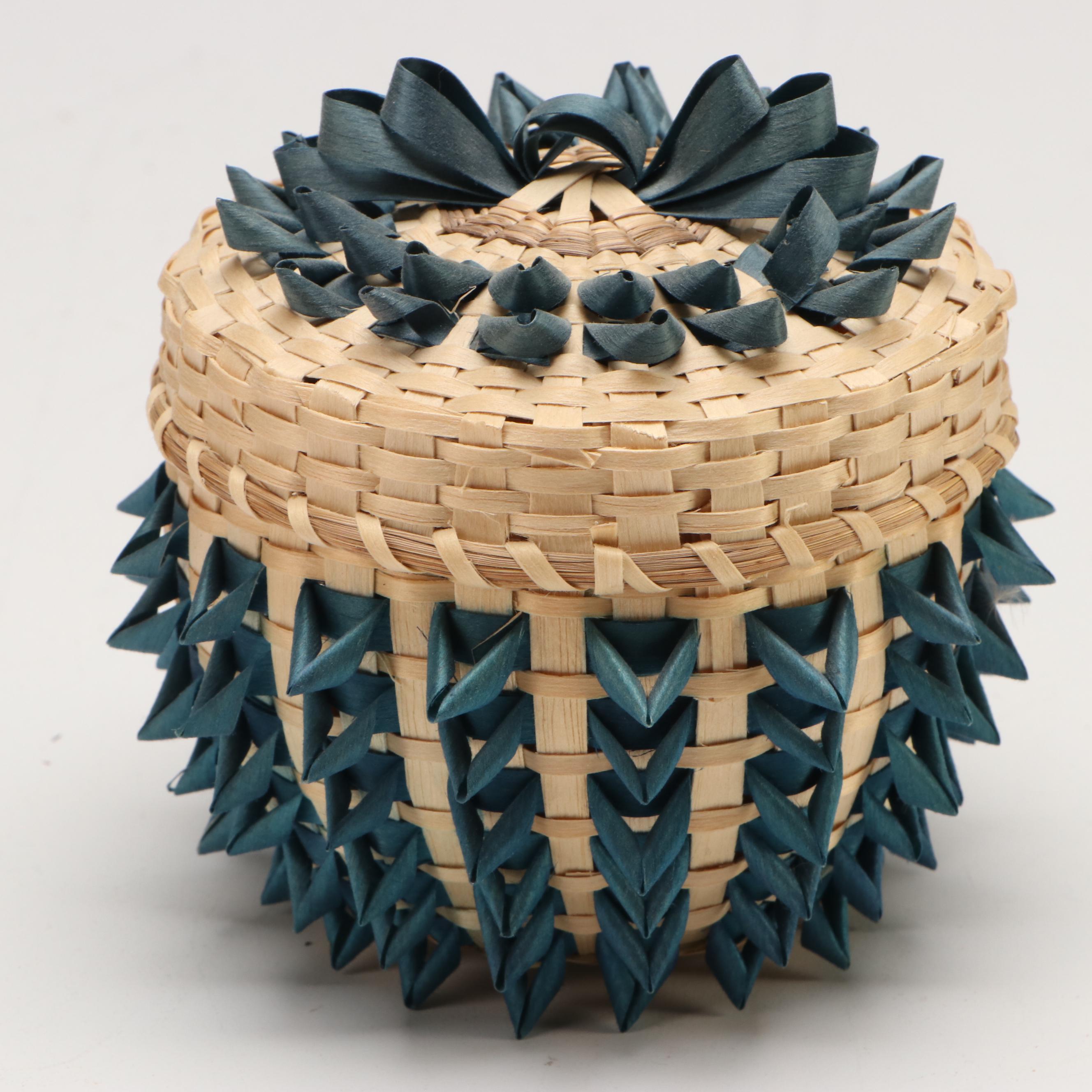 Denise Jock Mohawk Woven Black Ash and Sweetgrass Lidded Basket