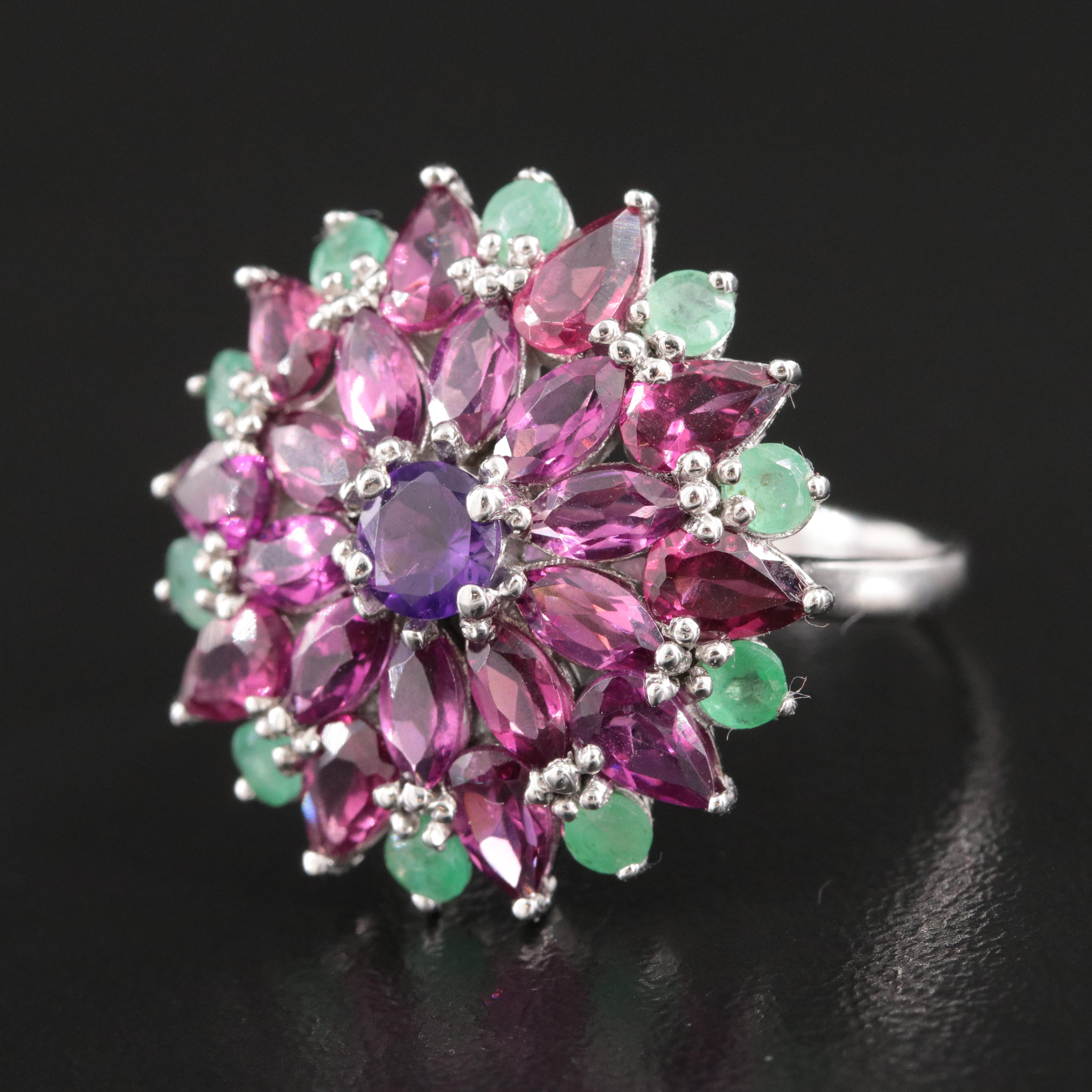 Sterling Cluster Ring with Rhodolite Garnet, Emerald and Amethyst