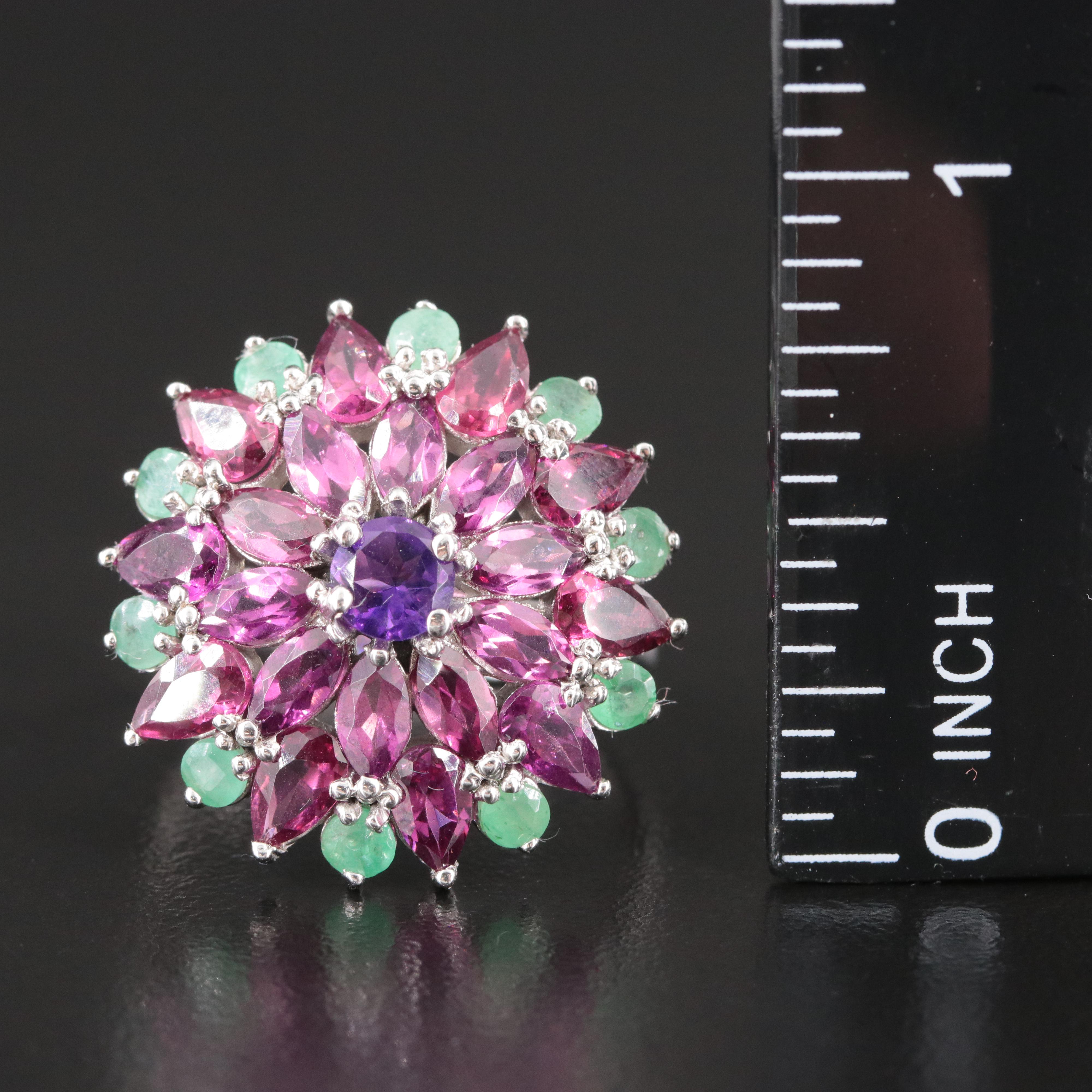 Sterling Cluster Ring with Rhodolite Garnet, Emerald and Amethyst