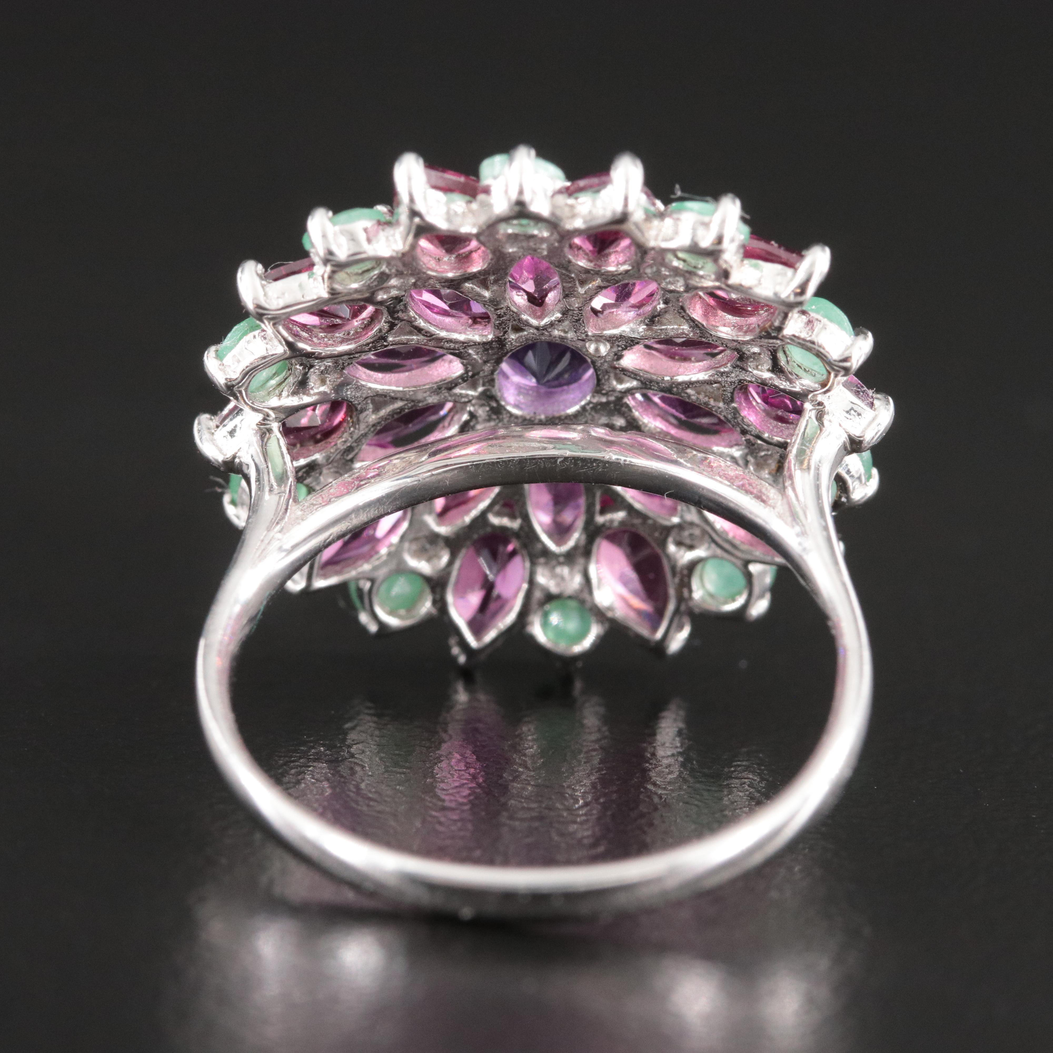 Sterling Cluster Ring with Rhodolite Garnet, Emerald and Amethyst