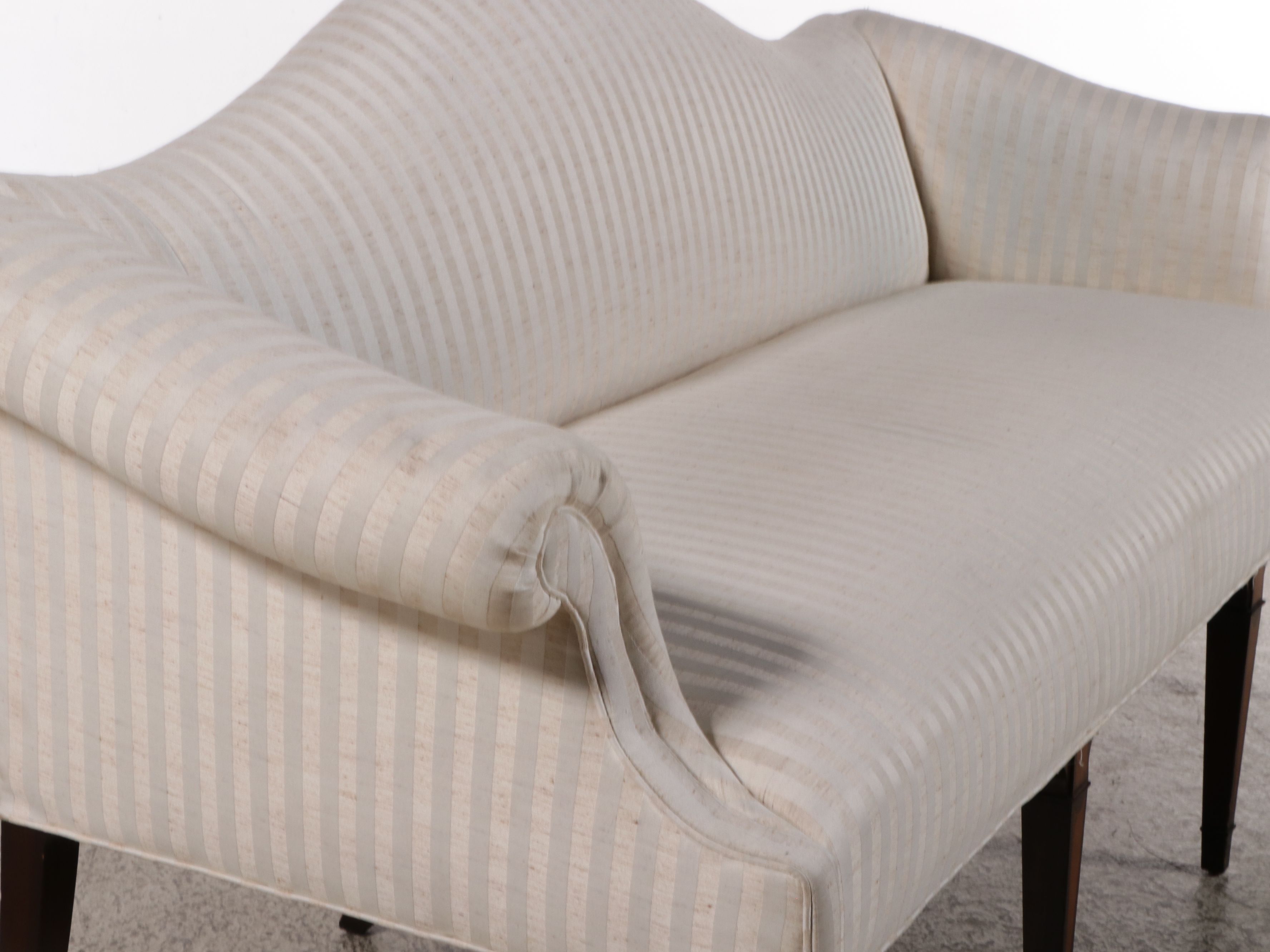 Hepplewhite Style Upholstered Camleback Sofa with Inlay Mahogany Spade Legs