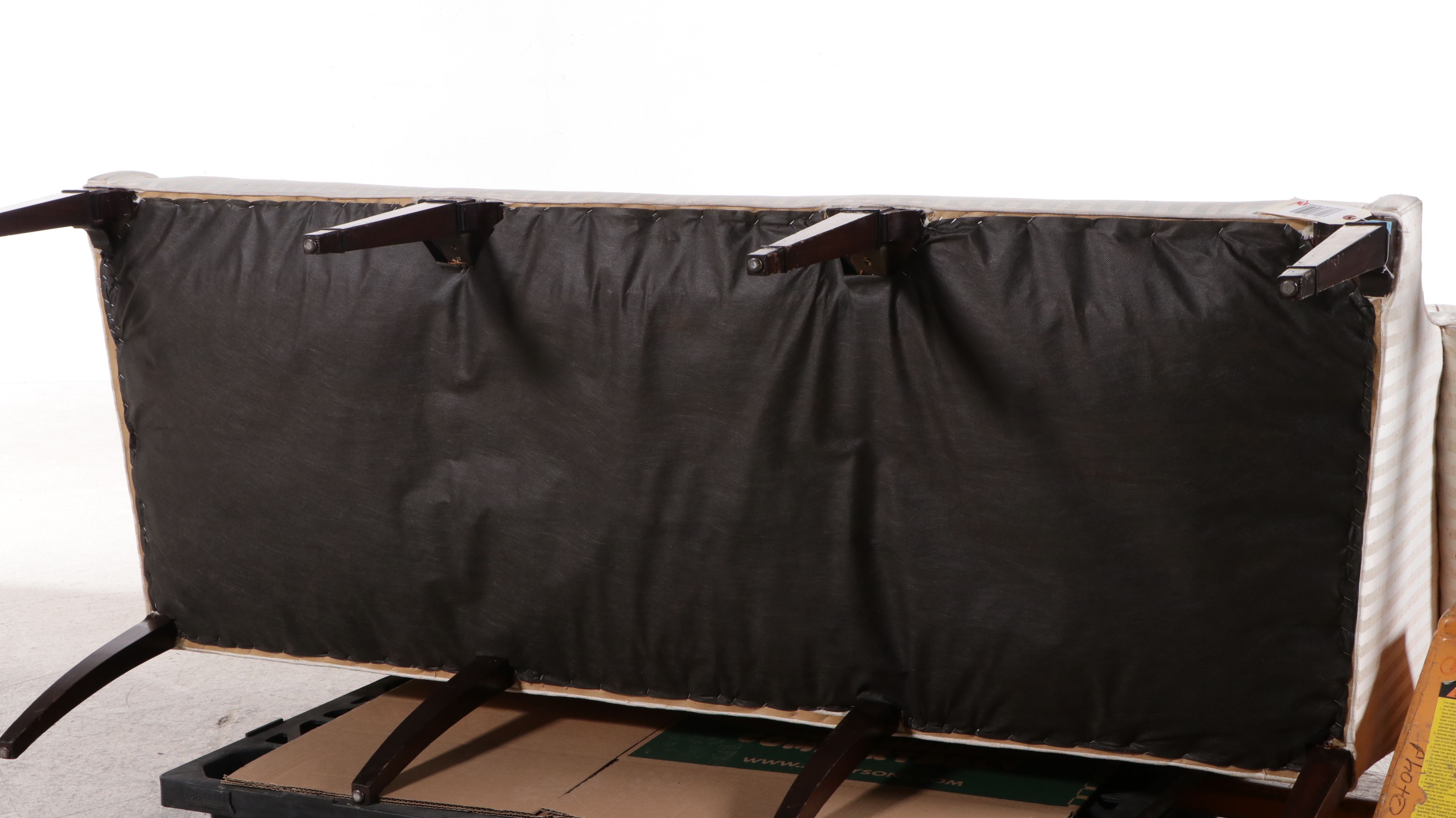 Hepplewhite Style Upholstered Camleback Sofa with Inlay Mahogany Spade Legs