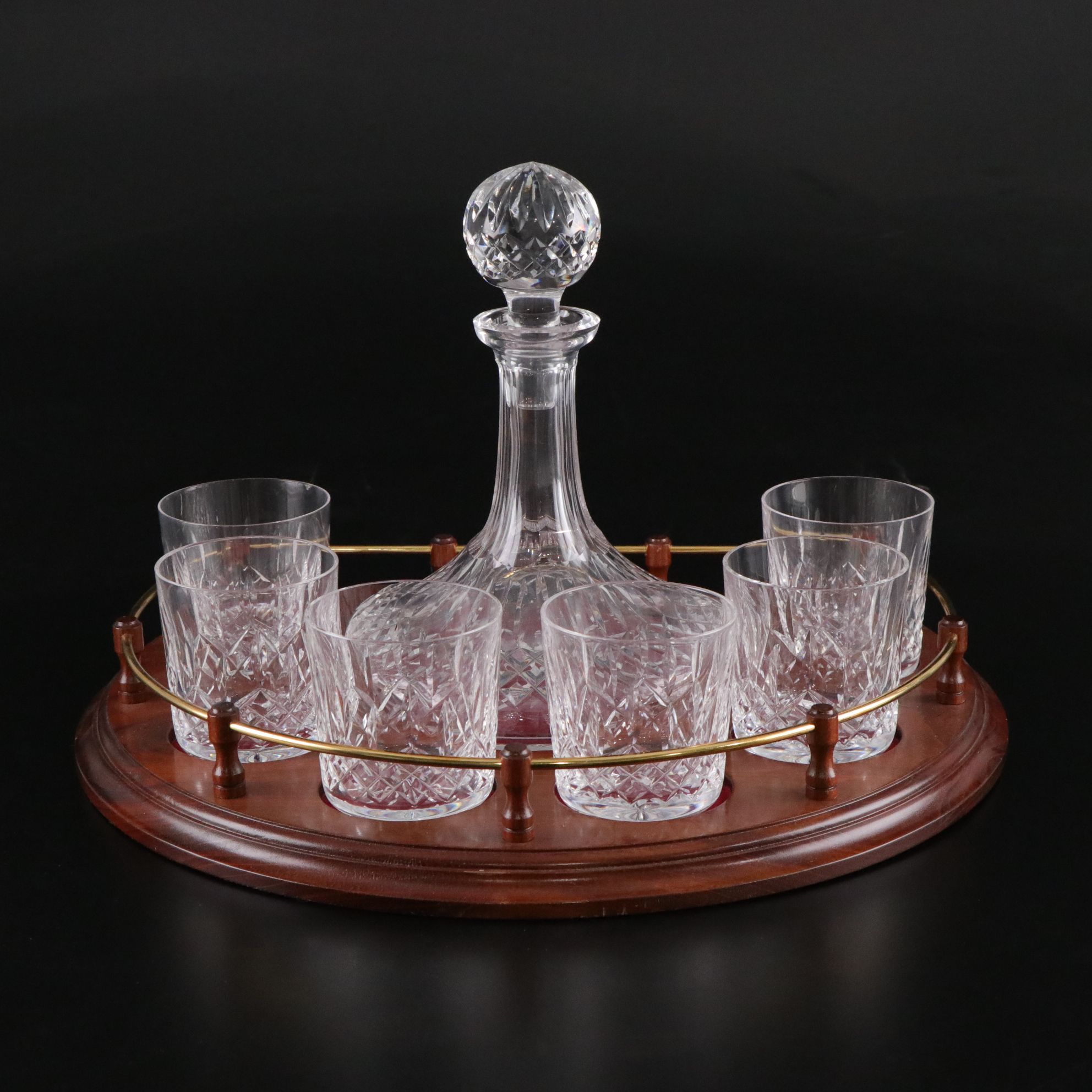 Waterford "Lismore" Crystal Decanter and Whiskey Glasses on Wooden Serving Tray