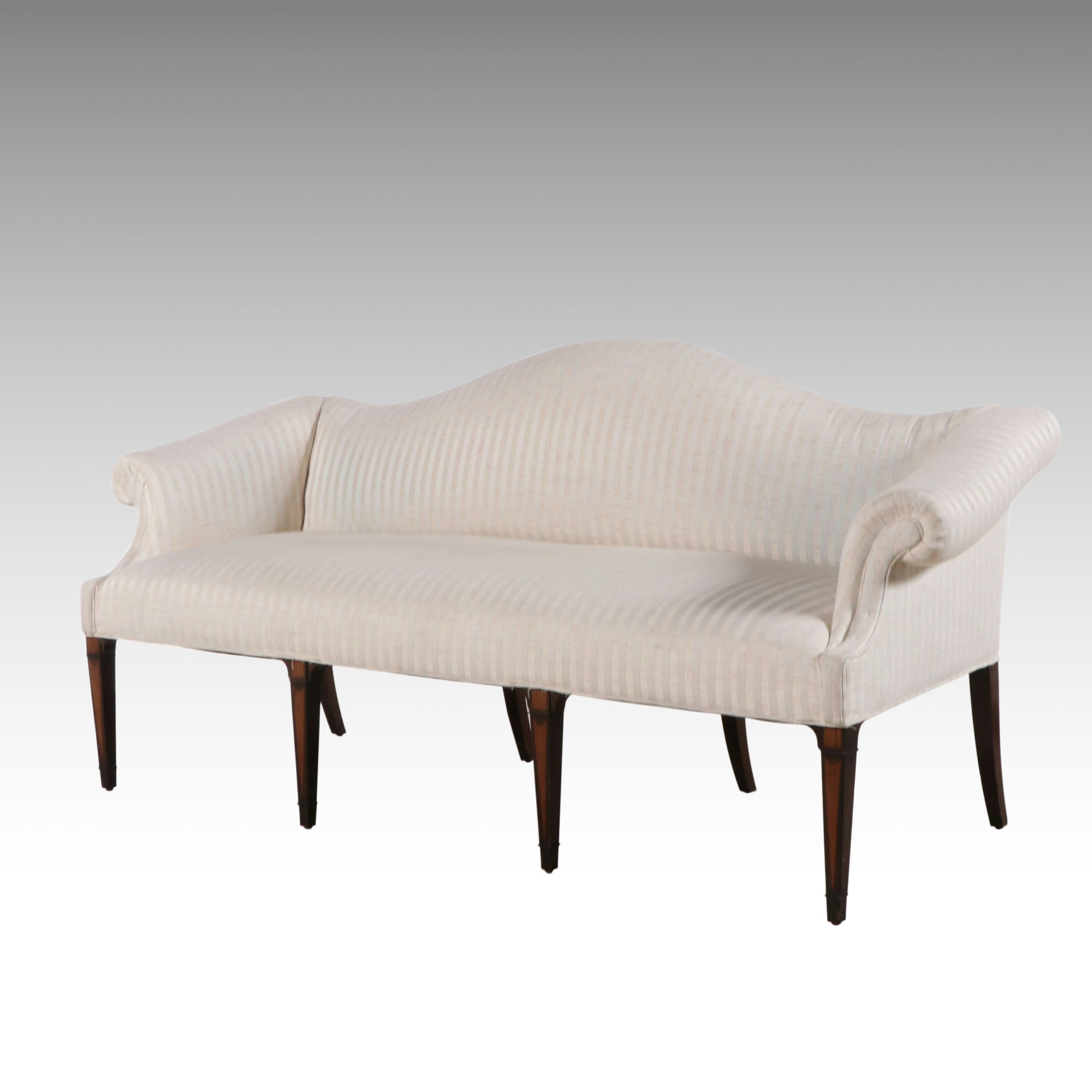 Hepplewhite Style Upholstered Camleback Sofa with Inlay Mahogany Spade Legs