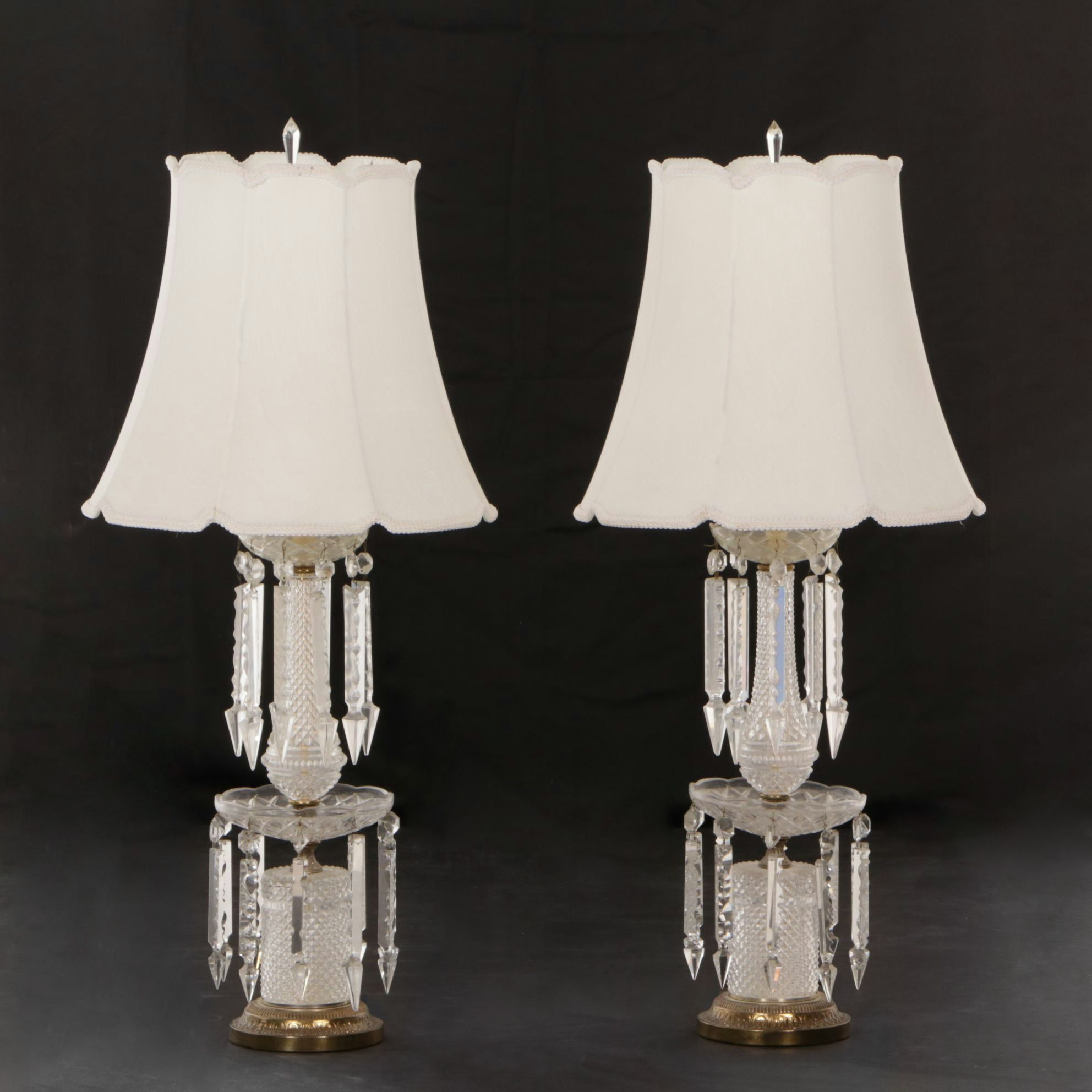 Cut Glass Two-Tier Mantle Luster Table Lamps with Hanging Prisms