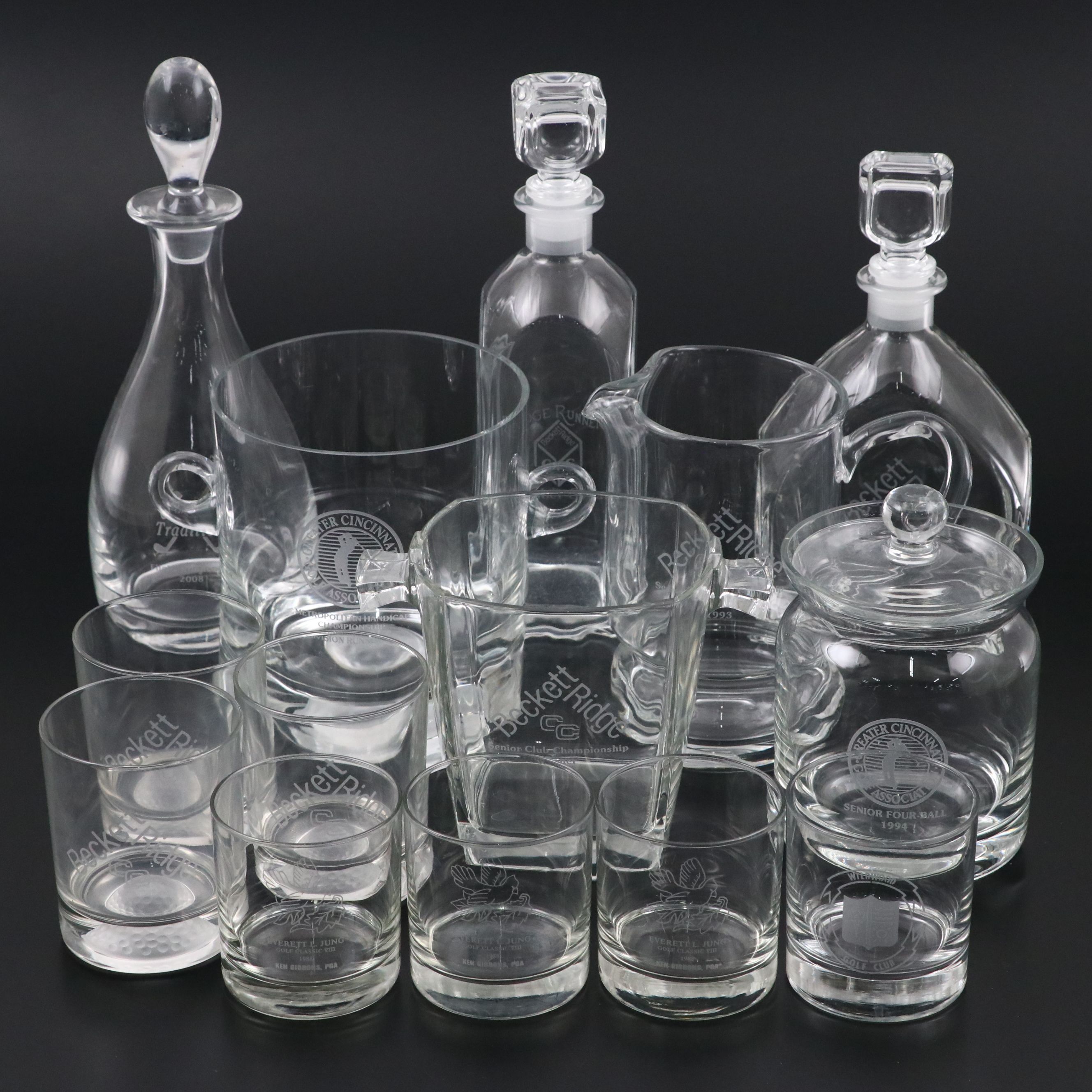Greater Cincinnati Golf Association Glass Jar with Decanters and Etched Glasses