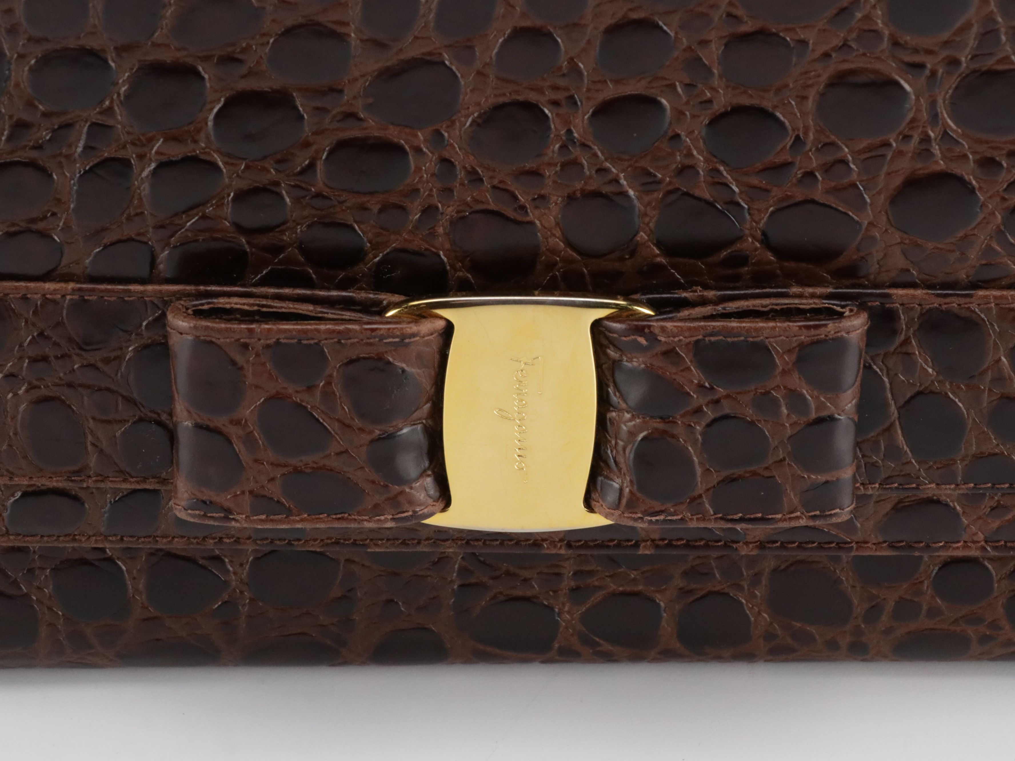 Salvatore Ferragamo Vara Bow Flap Crossbody Bag in Brown Embossed Leather