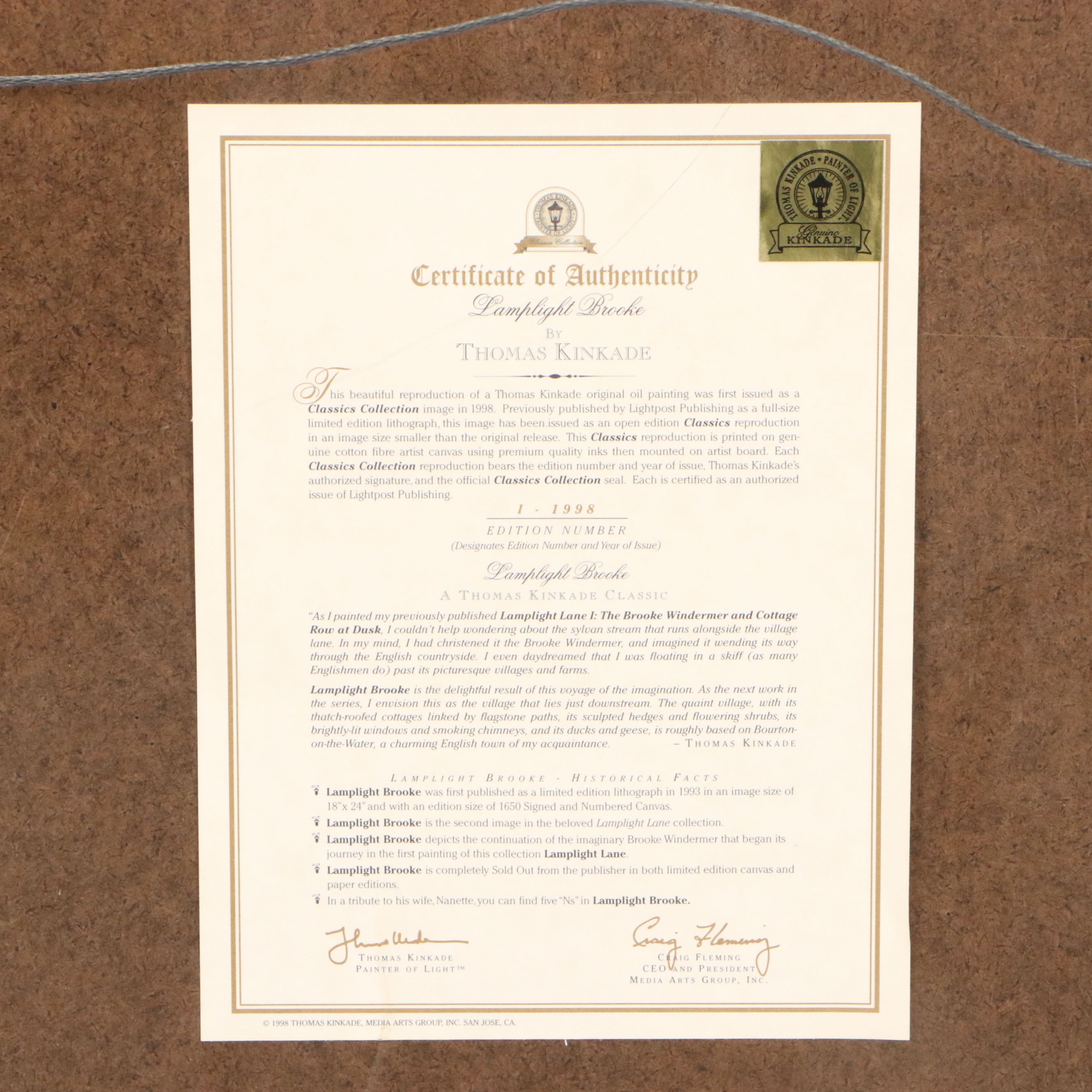 Offset Lithograph After Thomas Kinkade "Lamplight Brooke," 1998