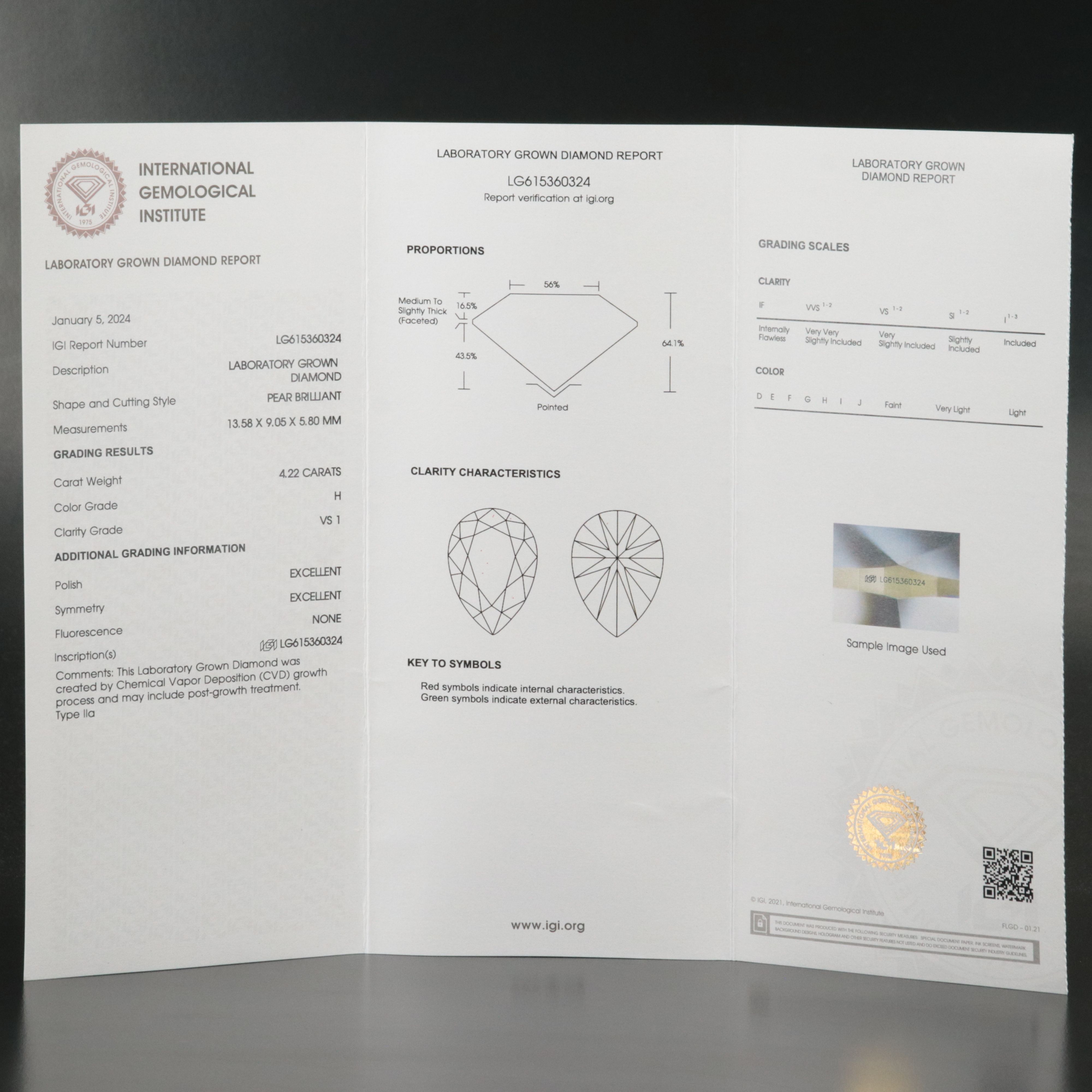Loose 4.22 CT Lab Grown Diamond with IGI Report
