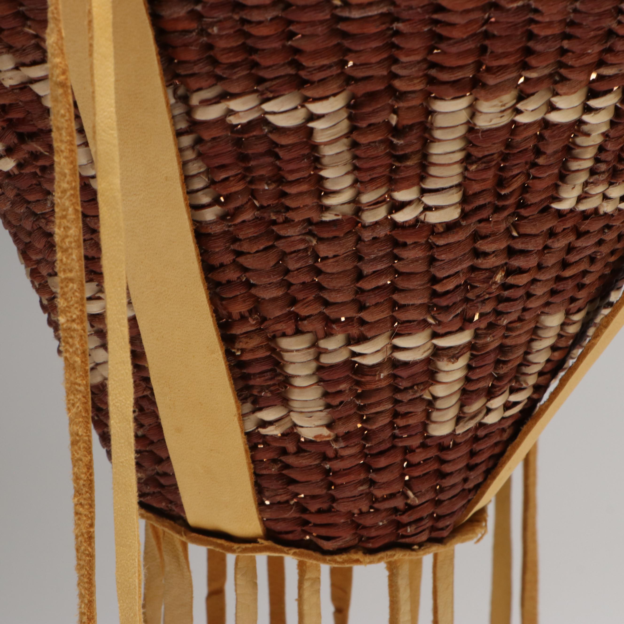 Ophelia Cobb Indé (Apache) Willow and Buckskin Burden Basket with Metal Jingles