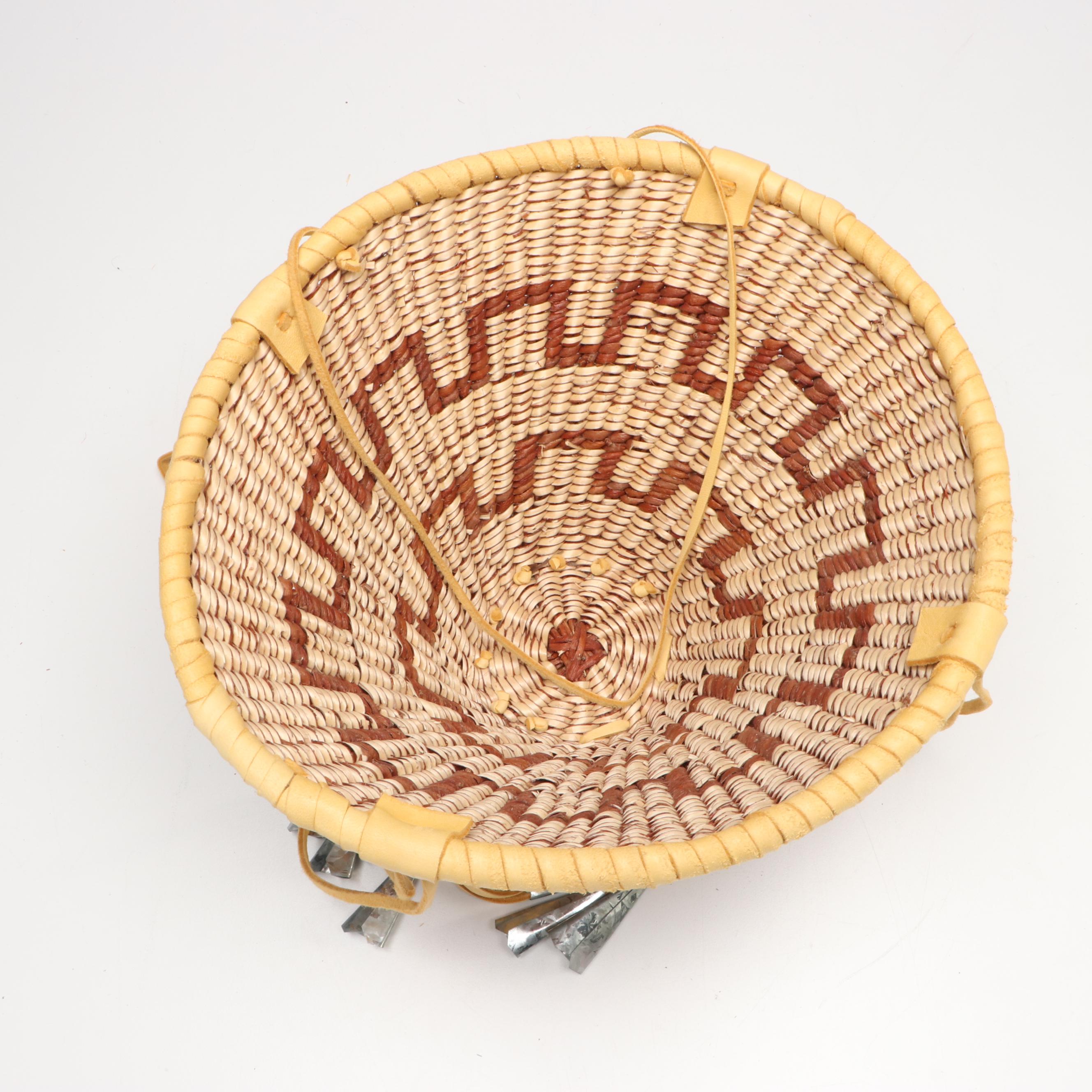 Ophelia Cobb Indé (Apache) Willow and Buckskin Burden Basket with Metal Jingles