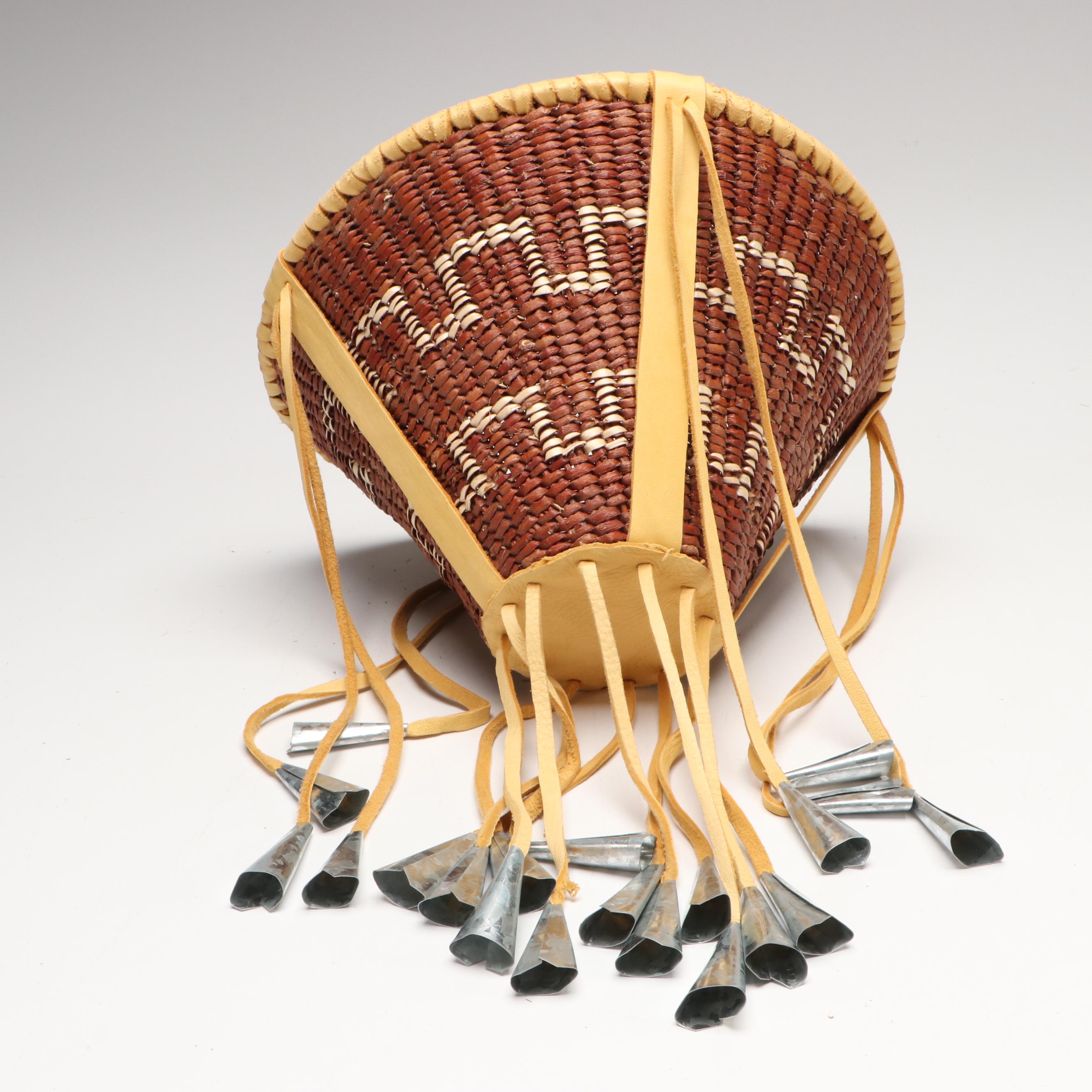 Ophelia Cobb Indé (Apache) Willow and Buckskin Burden Basket with Metal Jingles
