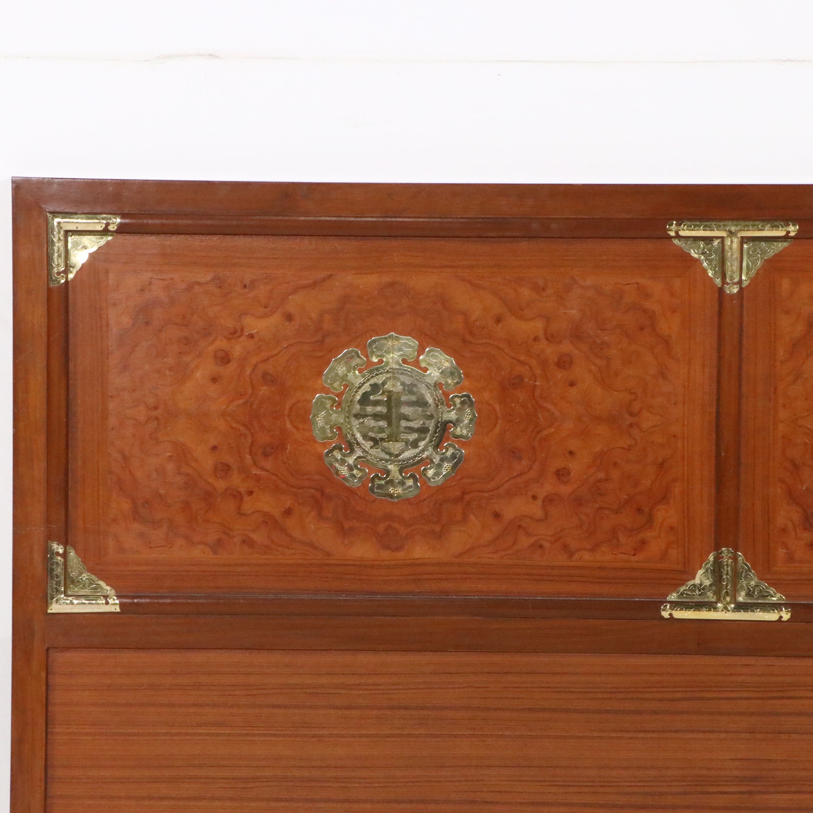 Mid-Century Chinese Style Headboard with Burl Wood and Brass Medallions