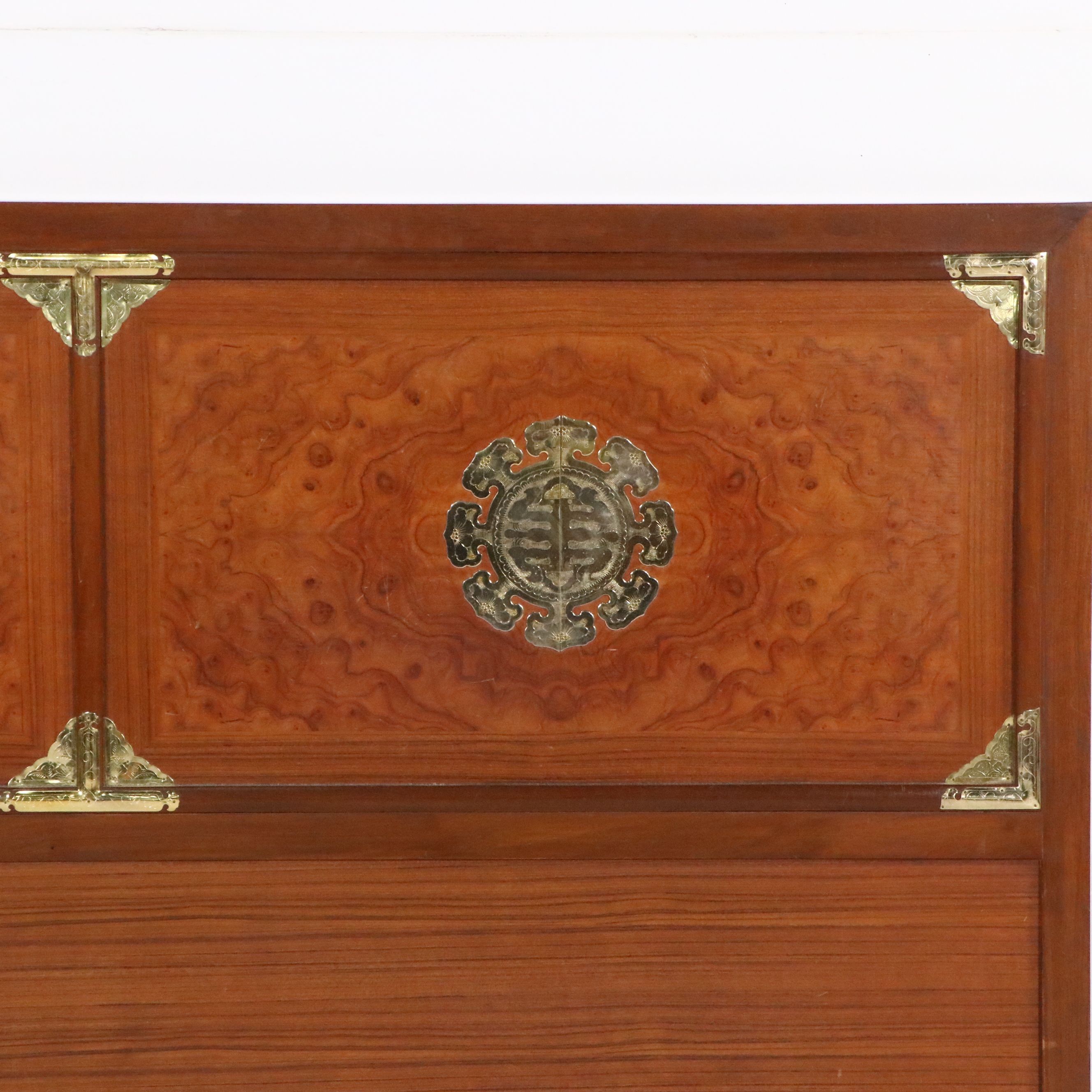Mid-Century Chinese Style Headboard with Burl Wood and Brass Medallions