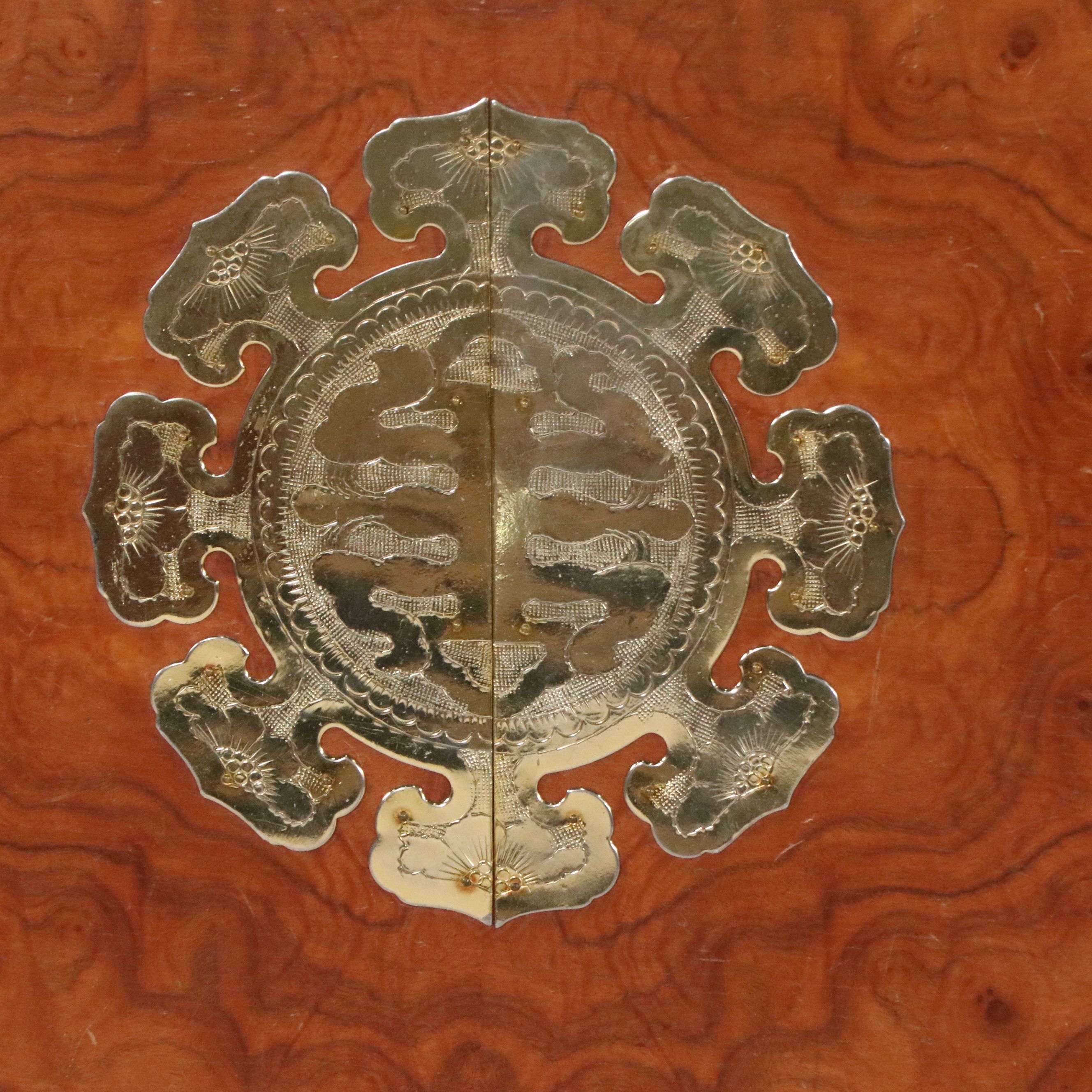 Mid-Century Chinese Style Headboard with Burl Wood and Brass Medallions