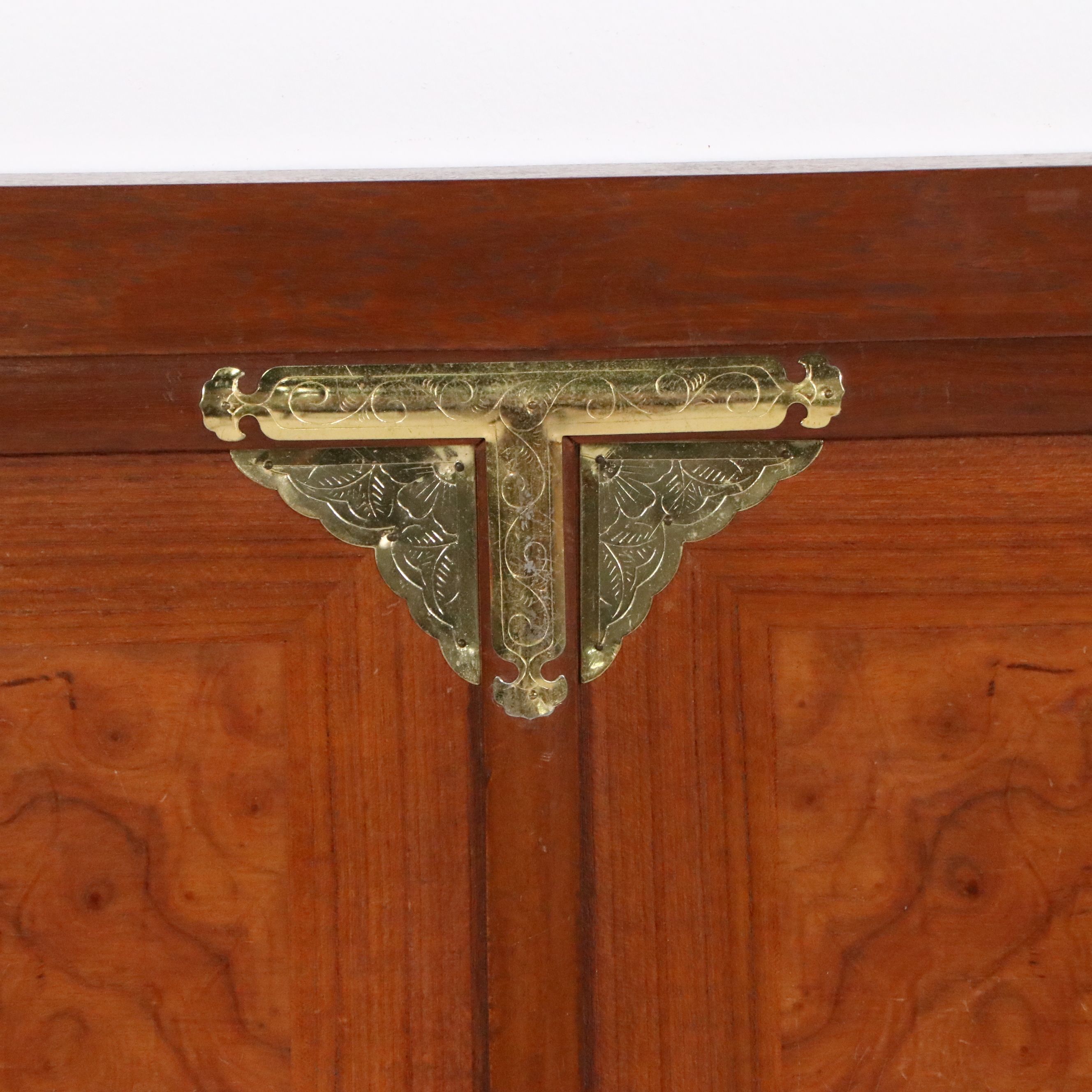 Mid-Century Chinese Style Headboard with Burl Wood and Brass Medallions