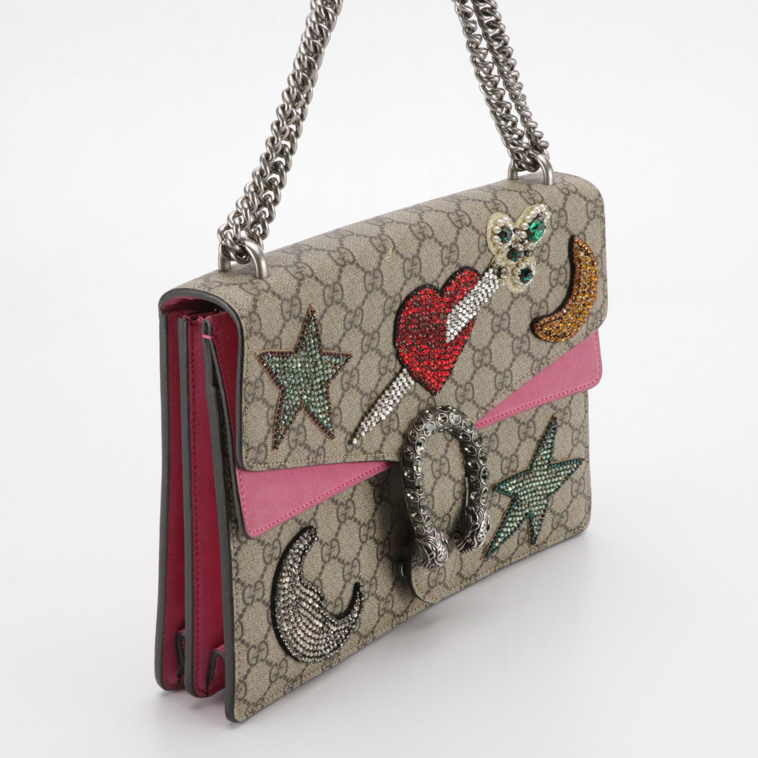 Gucci Rhinestone Embellished Dionysus Bag in GG Supreme Canvas and Pink Suede