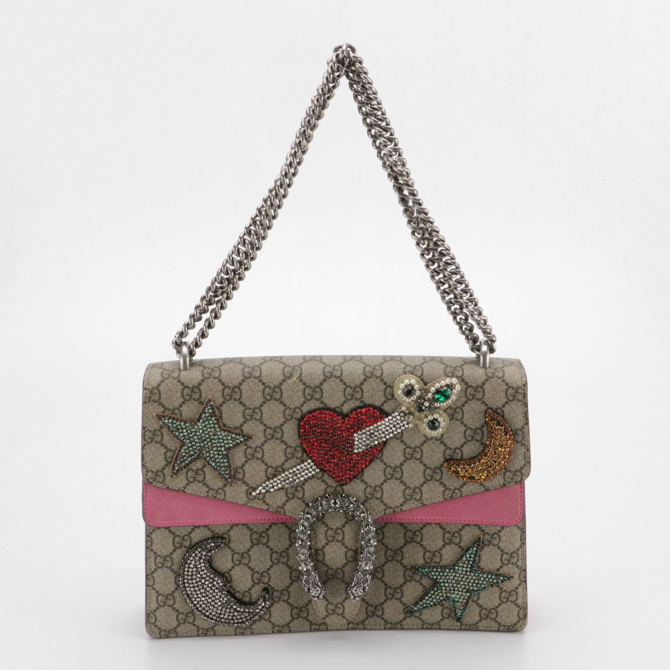 Gucci Rhinestone Embellished Dionysus Bag in GG Supreme Canvas and Pink Suede