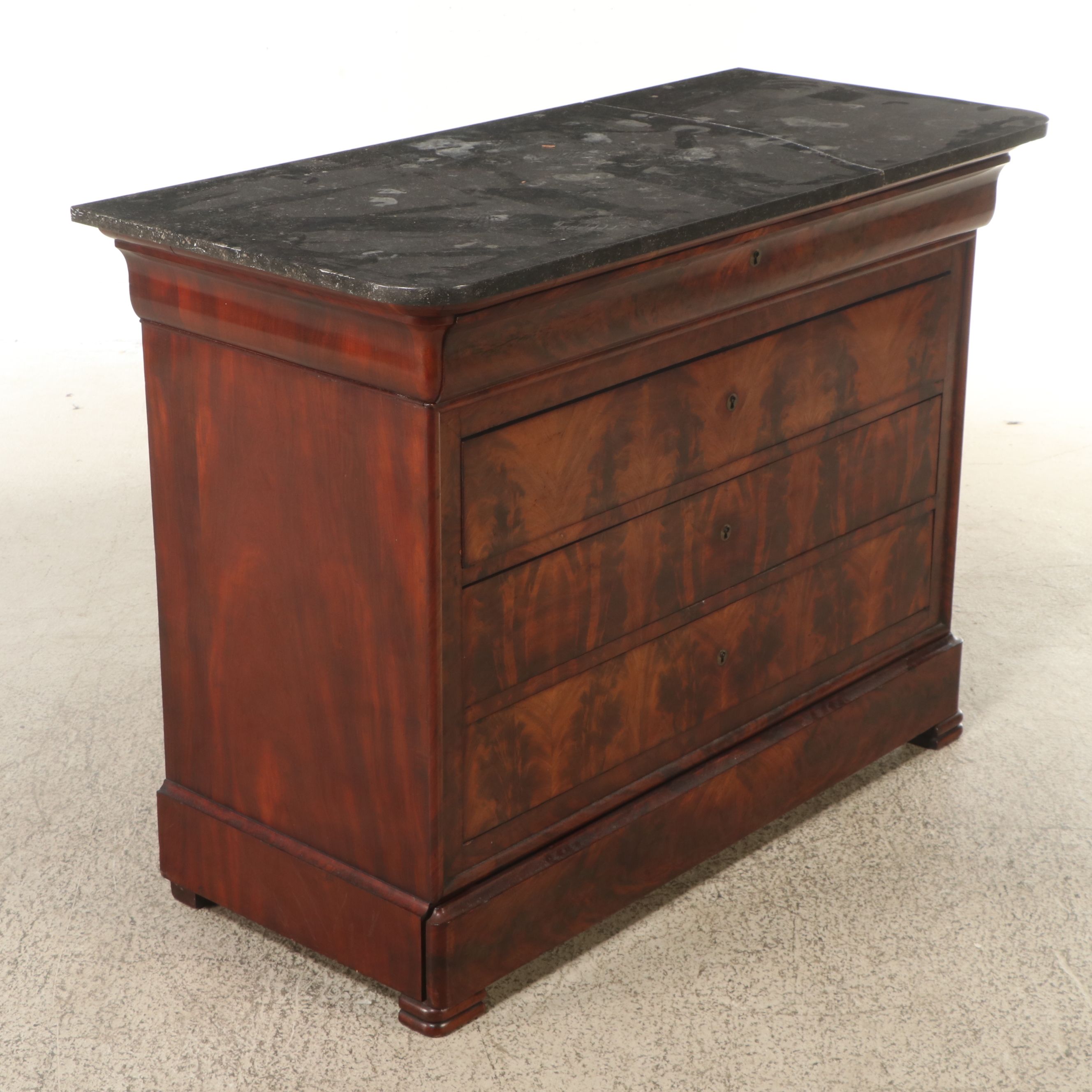 French Louis Philippe Flame Mahogany Commode with Marble Top, 19th Century