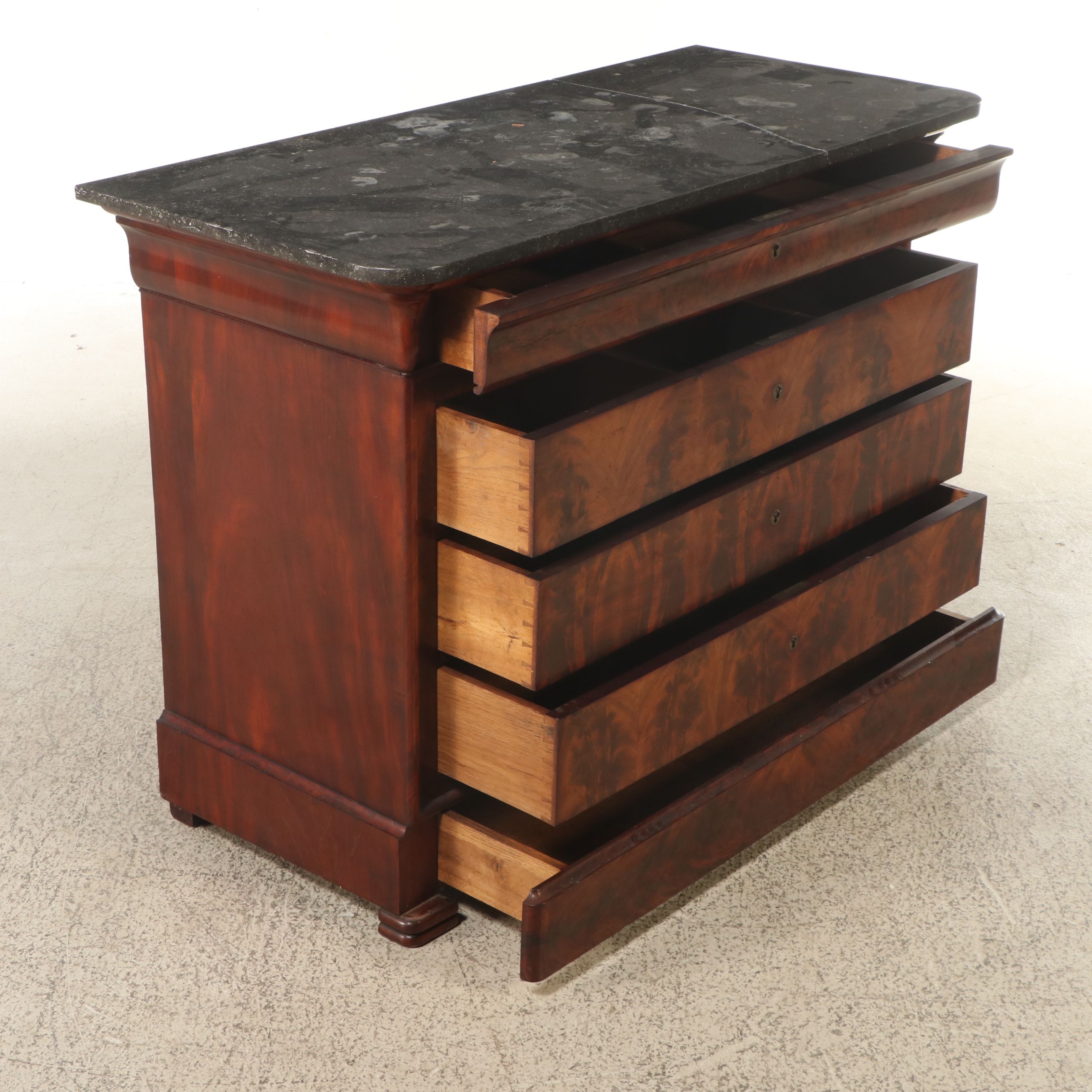 French Louis Philippe Flame Mahogany Commode with Marble Top, 19th Century