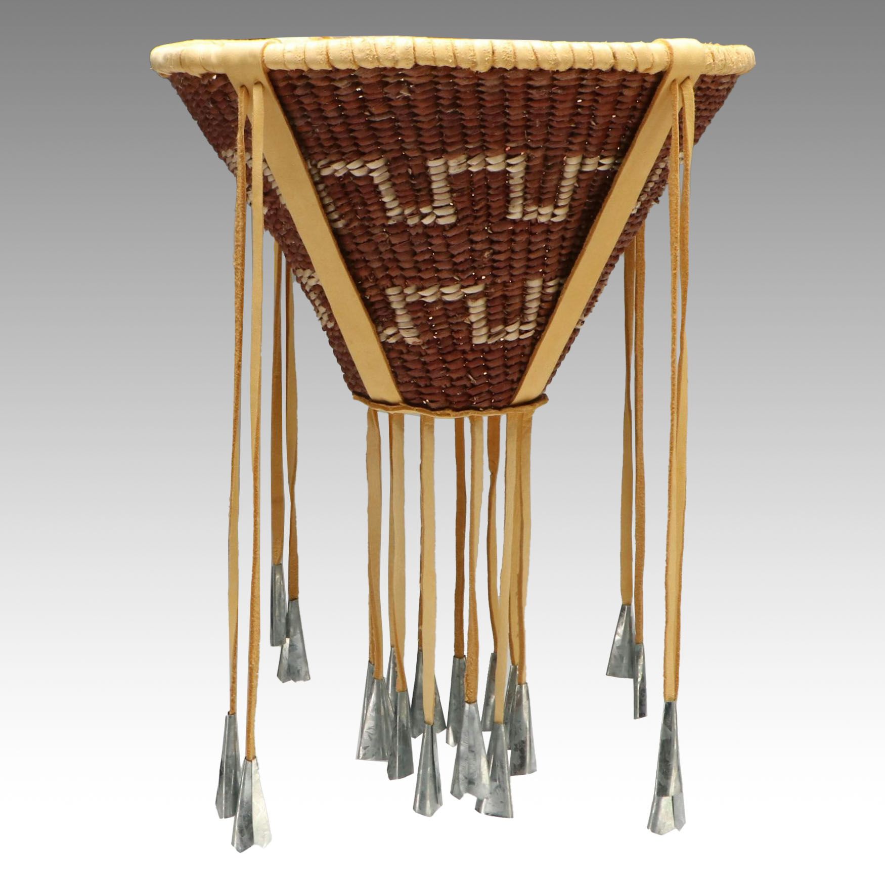 Ophelia Cobb Indé (Apache) Willow and Buckskin Burden Basket with Metal Jingles