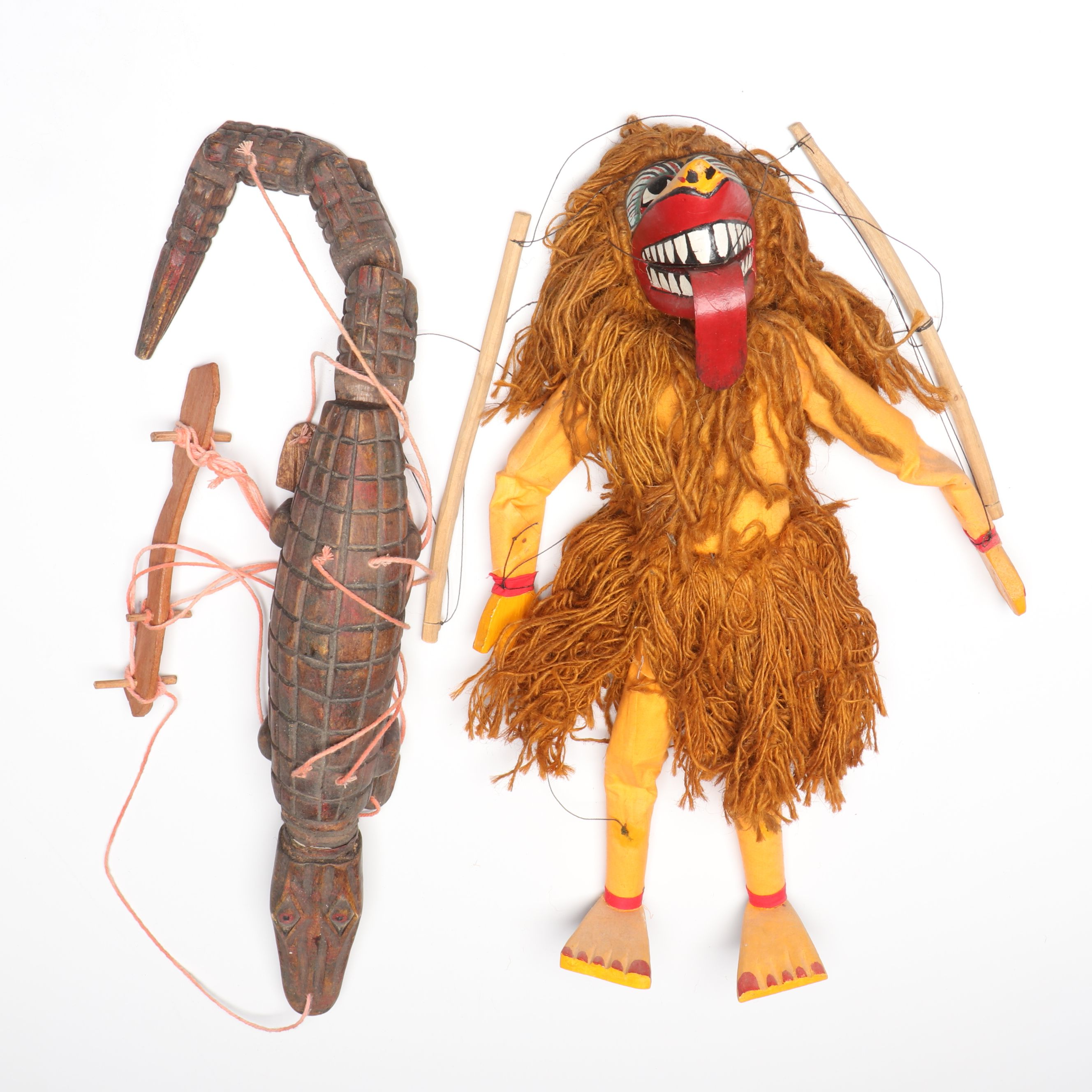 Hand-Carved Polychrome Wooden Alligator with Other Figural Marionette