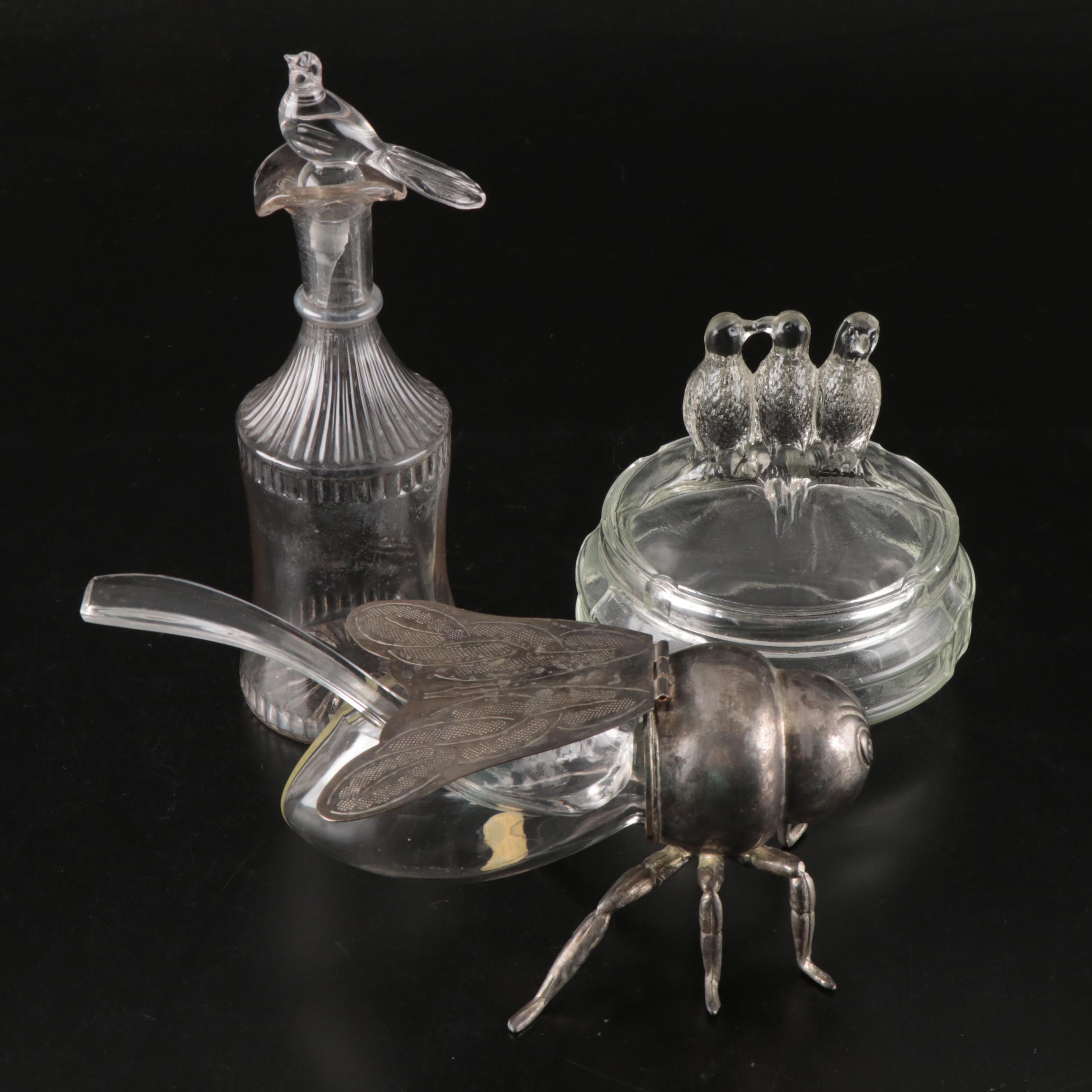 Godinger Silver Plate Insect Vessel with Glass Bird Cruet and Lidded Dish