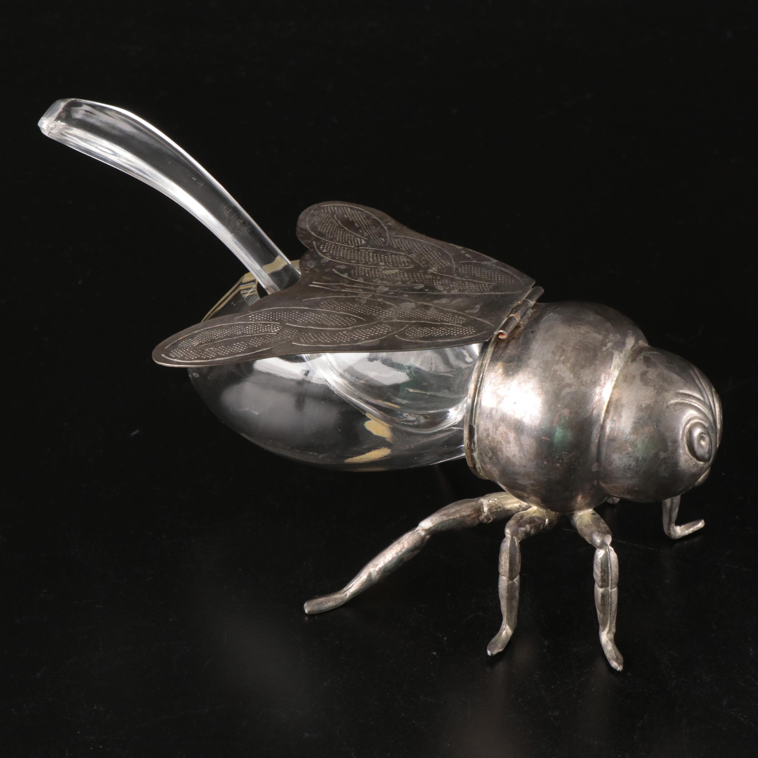 Godinger Silver Plate Insect Vessel with Glass Bird Cruet and Lidded Dish