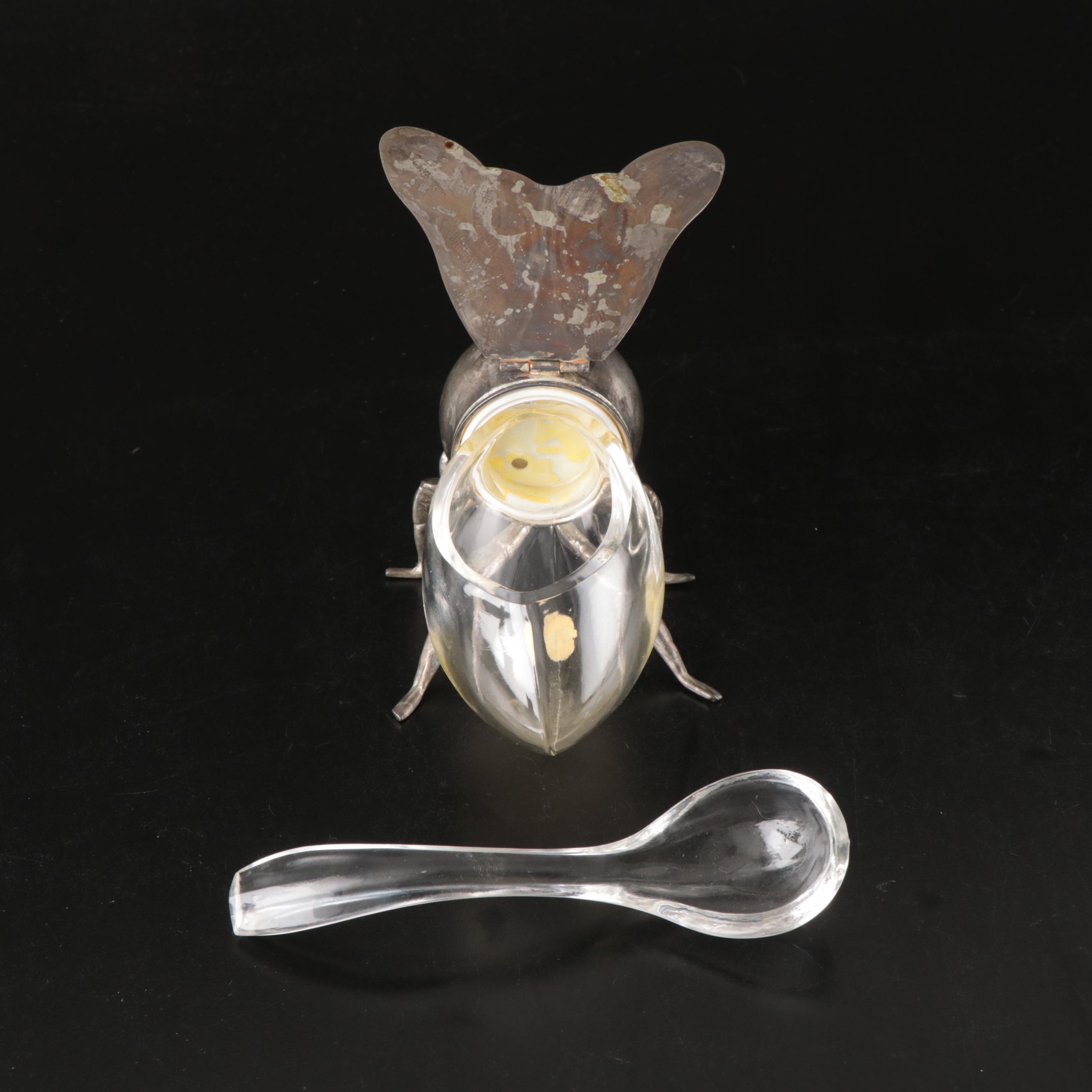 Godinger Silver Plate Insect Vessel with Glass Bird Cruet and Lidded Dish