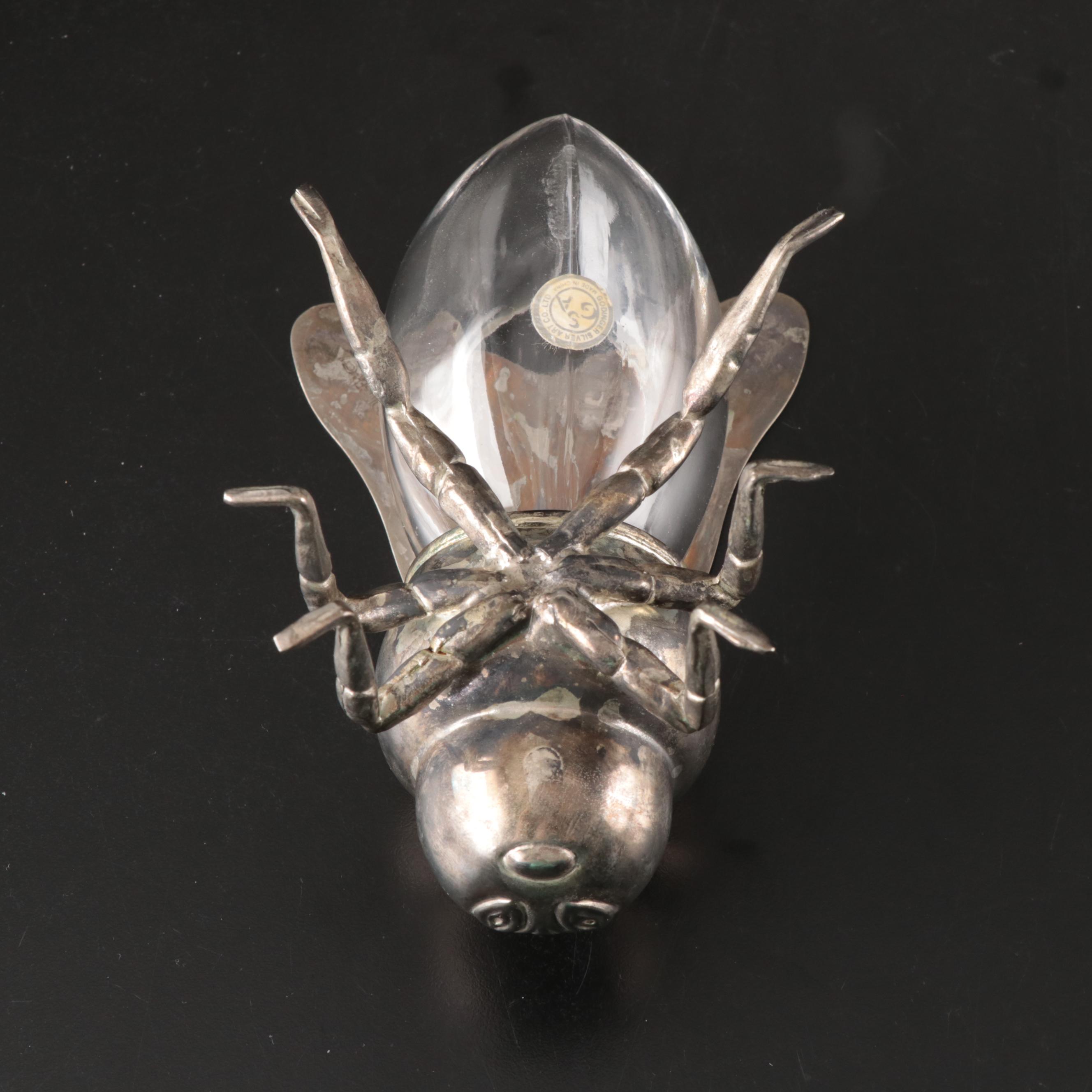 Godinger Silver Plate Insect Vessel with Glass Bird Cruet and Lidded Dish