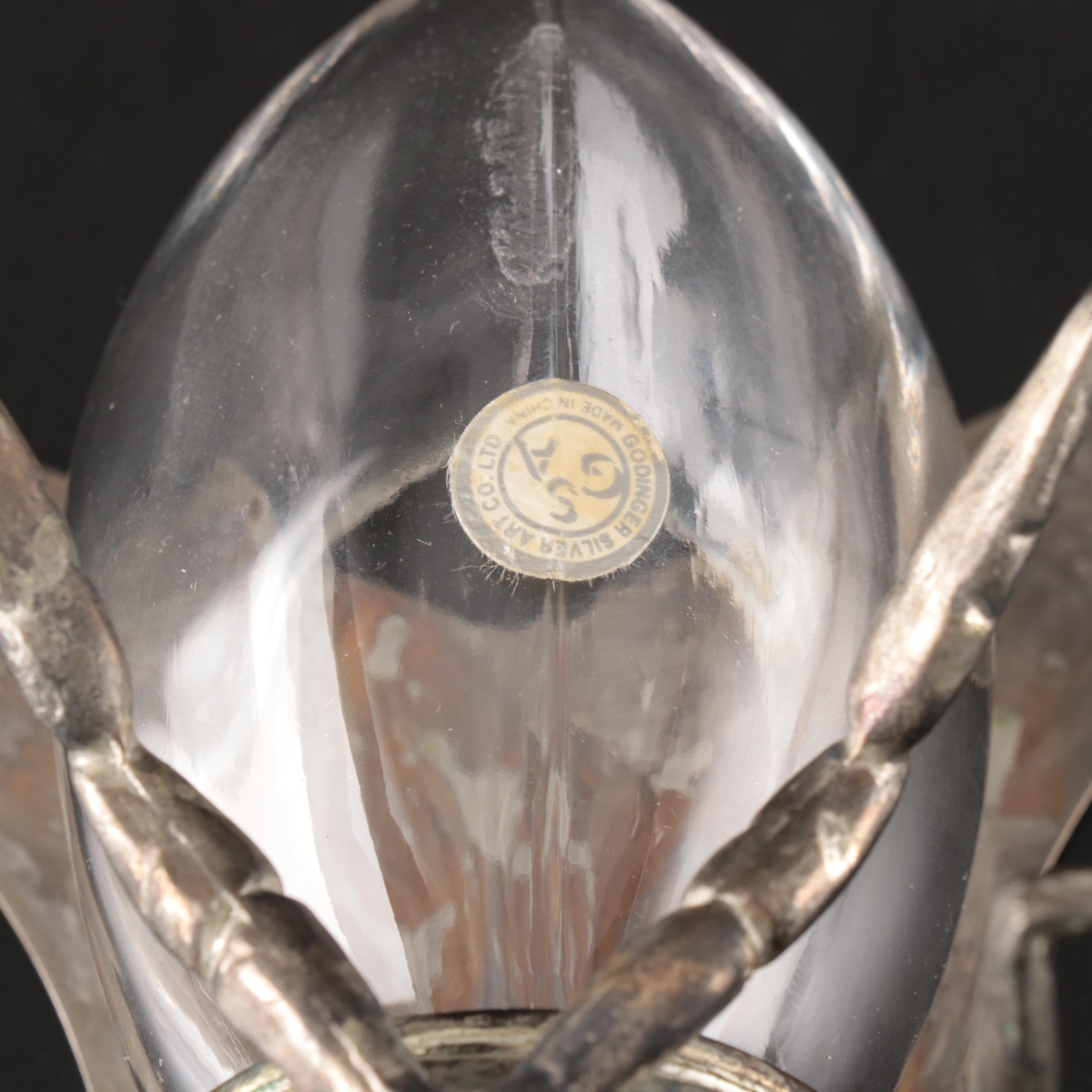 Godinger Silver Plate Insect Vessel with Glass Bird Cruet and Lidded Dish