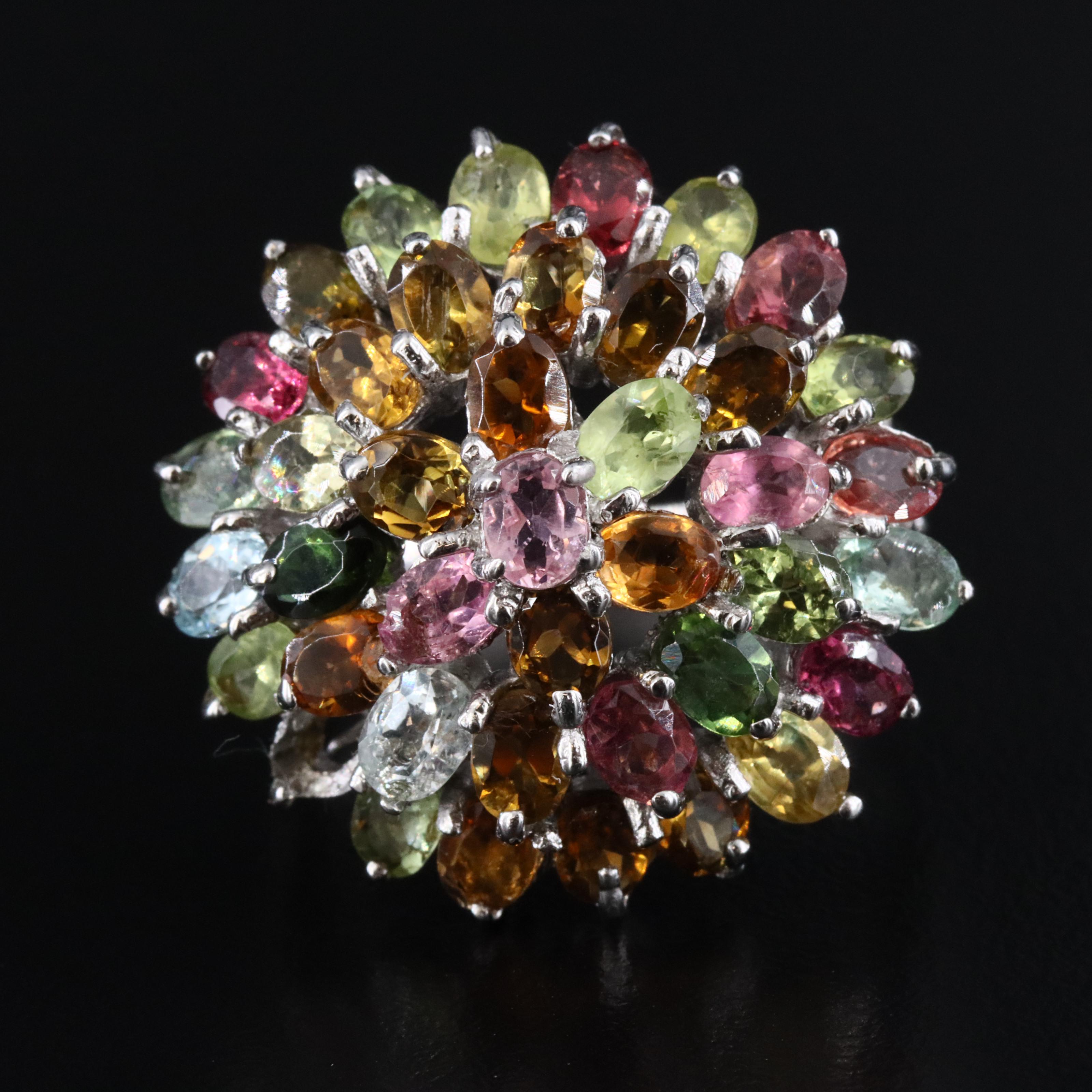Sterling Tourmaline and Sapphire Cluster Ring